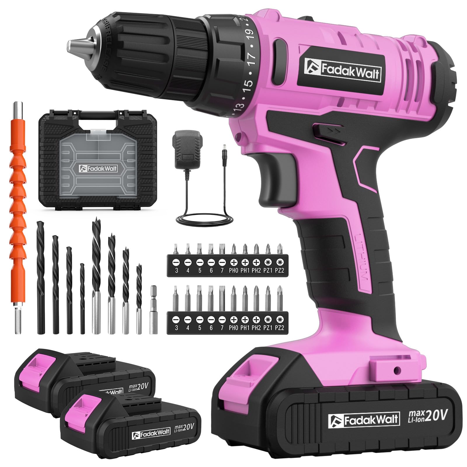 FADAKWALT 20V Cordless Drill, 2 Batteries Electric Screwdriver with case, 21+1 Torque, 2 Speed,30Nm Power Drill Driver, 3/8" Keyless Chuck, with LED Light, Drill Driver Kit for Home（Pink）