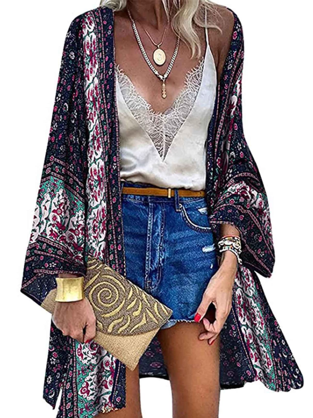 Yutdeng Kimono Mujer Kaftan Playa Cárdigan Verano Kimonos Cortos Floral Bohemio Suelto Bikini Cover Up Pareos Caftan Gasa Casual Camisolas Traje de Baño Ropa Playa para Mujer