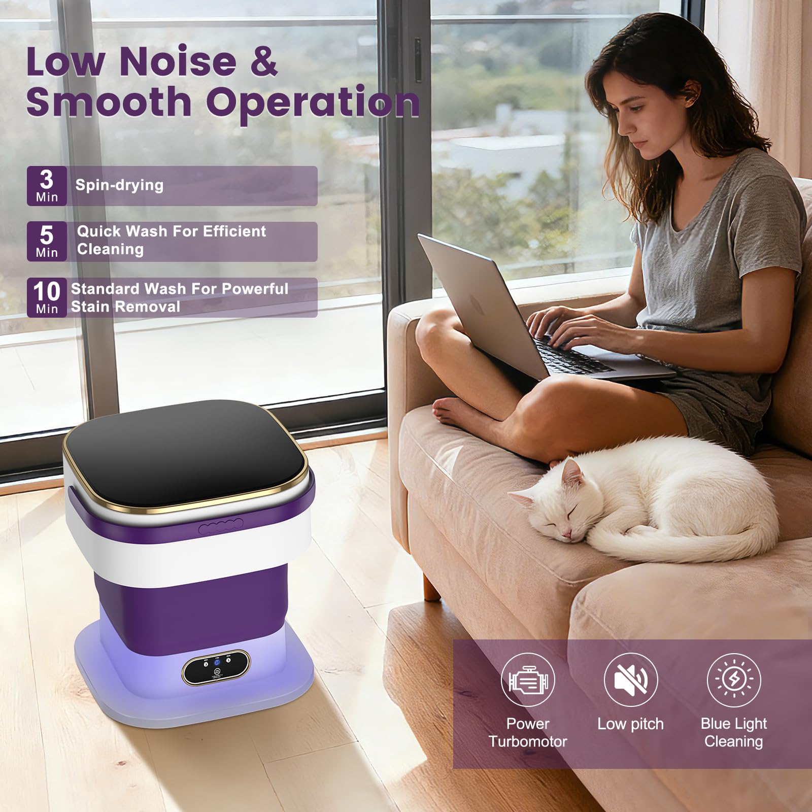 lavatrice portatile, mini lavatrice potenziata da 15 litri, 3 programmi di lavaggio con centrifuga, pulisce a fondo i piccoli indumenti, pieghevole, ideale per appartamenti, case e campeggi. (viola)