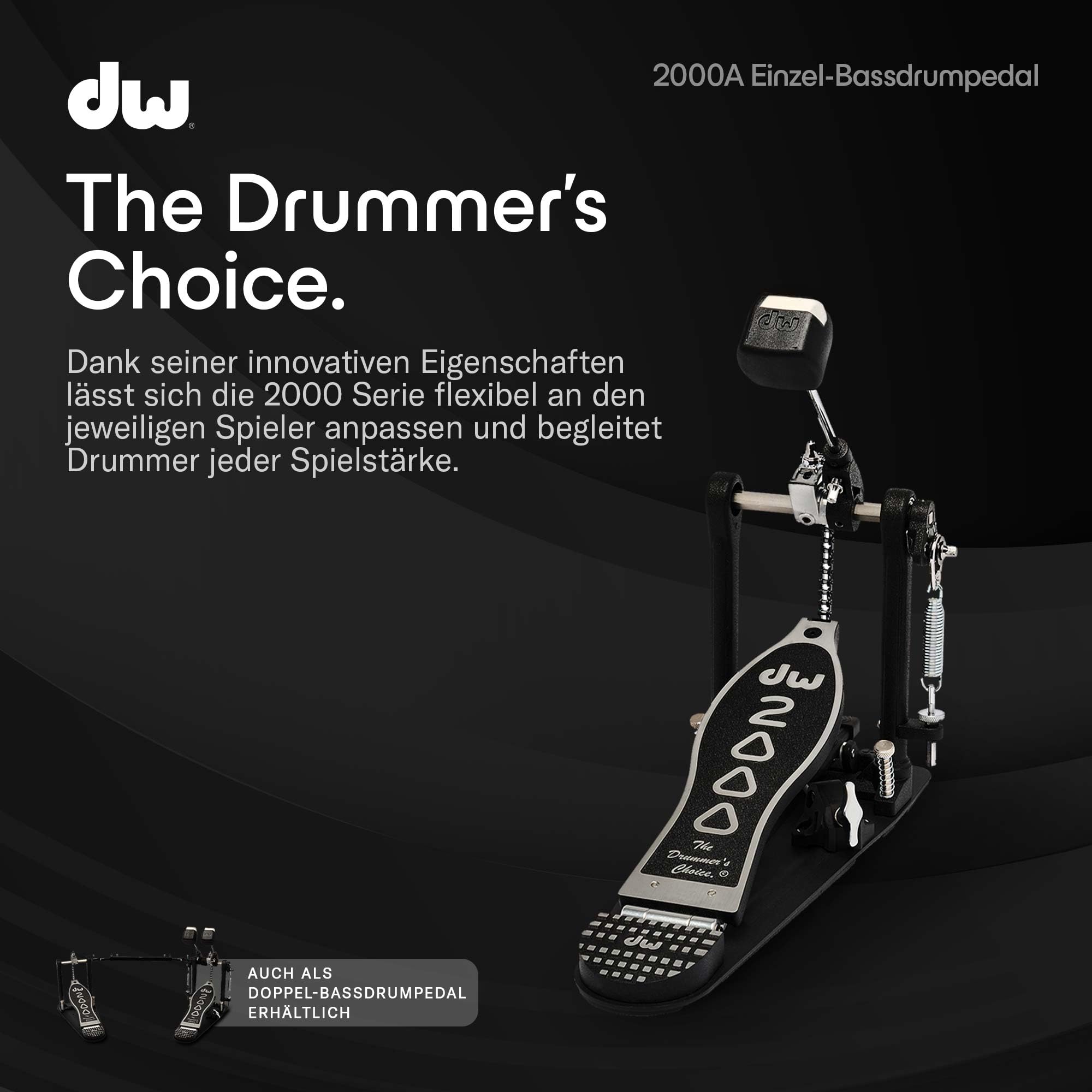 DW 2000A | 2000 Serie Einzel-Bassdrumpedal | Perfekt für Drummer jeder Spielstärke | Robuster Vollmetallrahmen mit Einzelketten-Accelerator-Antrieb | 2-Wege Beater | Rutschfeste Stahlbodenplatte