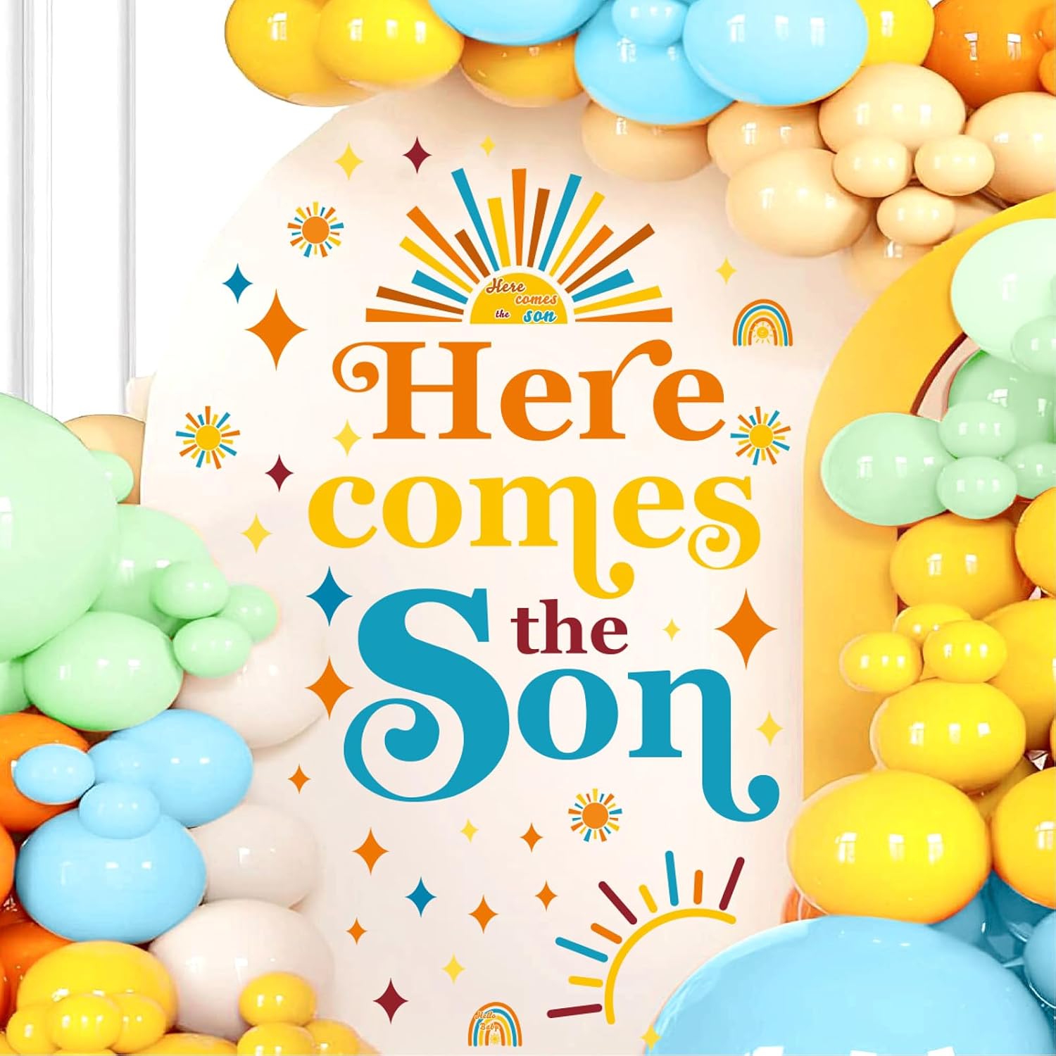 Here Comes The Son Party Decal Baby Shower Backdrop Stickers for Balloon Arch Gender Reveal Sun Party Decorations Welcome Baby Sign Decor Pregnancy Celebration Props Decals