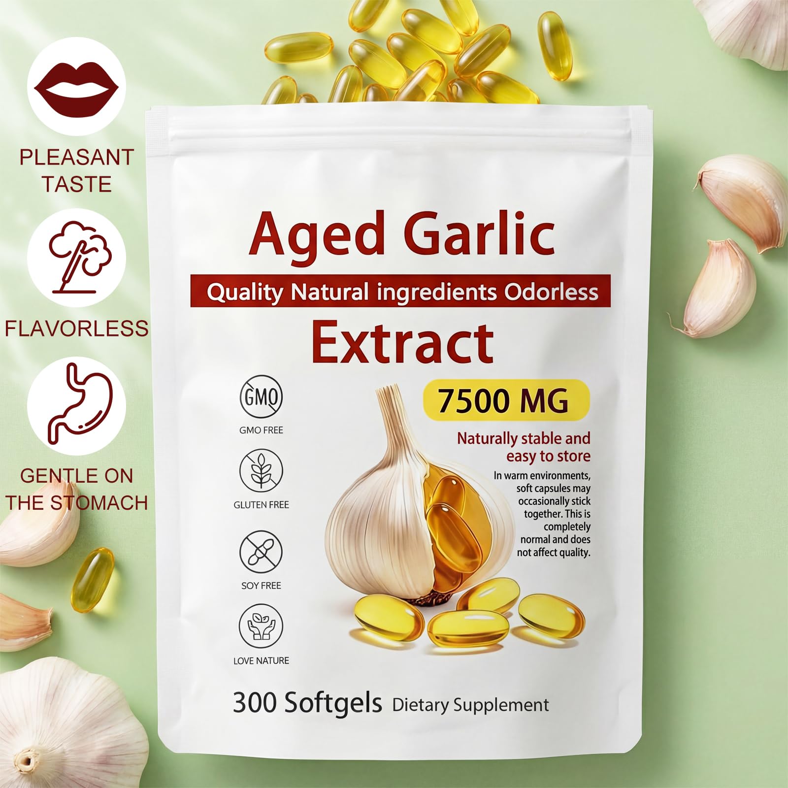 Aged Garlic Extract Capsules 7500mg Odorless – 300 Count Aged Garlic Supplement for Heart & Immune Support, 15:1 Concentrated Garlic Pills, Organic, Non-GMO, Vegetarian Softgels (1 PCS) — view 6