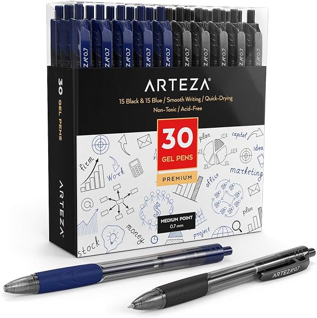 ARTEZA Gel Pens, Set of 30 Roller Ball Pens, 15 Black and 15 Blue, 0.7mm Medium Point, Retractable, Quick Drying Ink, Office Supplies for Note-Taking