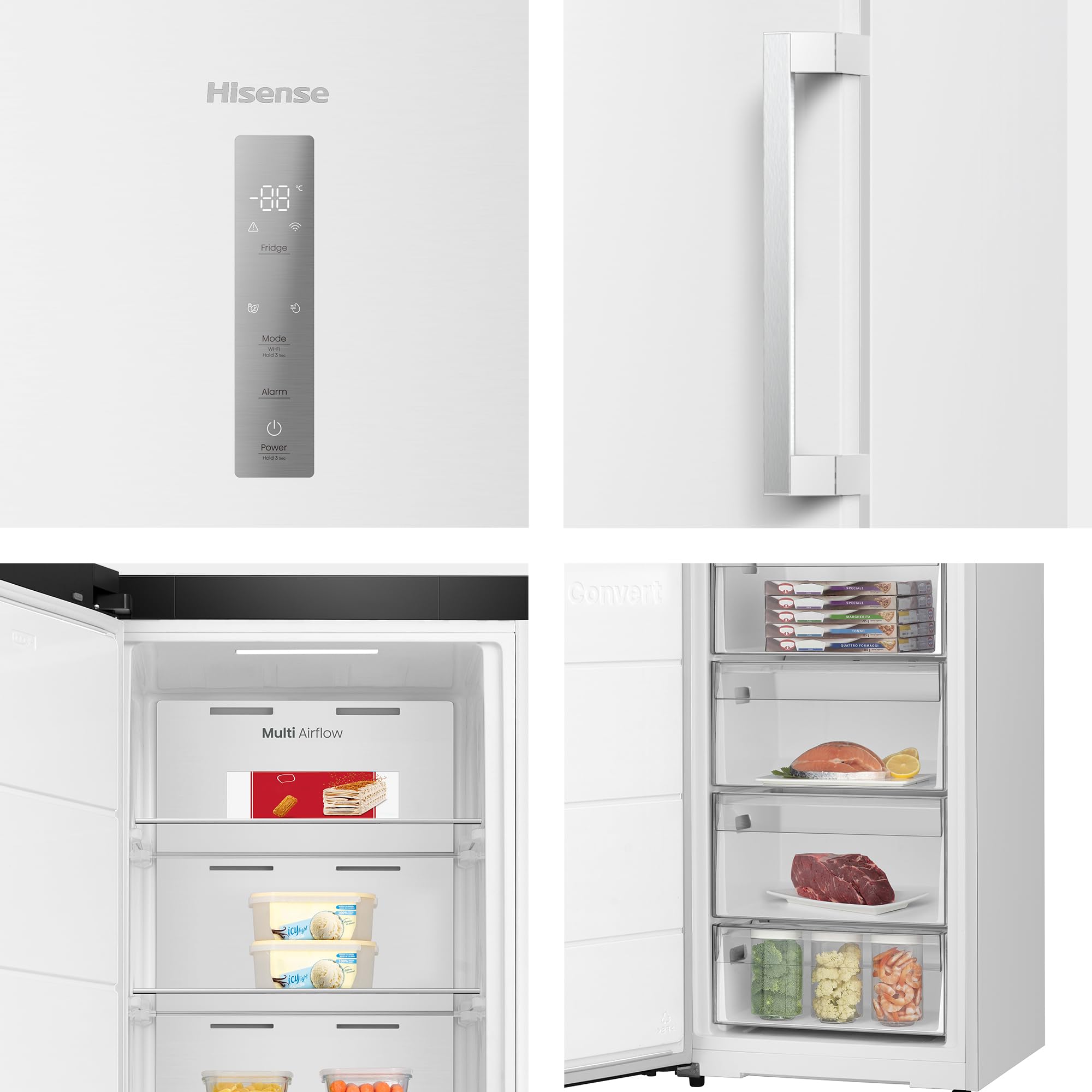 Hisense FT3K310SEWE1 - Congelador Una Puerta Total No Frost Kitchen Fit, 312L, 186cm, Ventilación Inferior, Congelamiento Rápido, Tirador de Apertura Fácil, Apertura de Puerta 90º, WiFi, Blanco