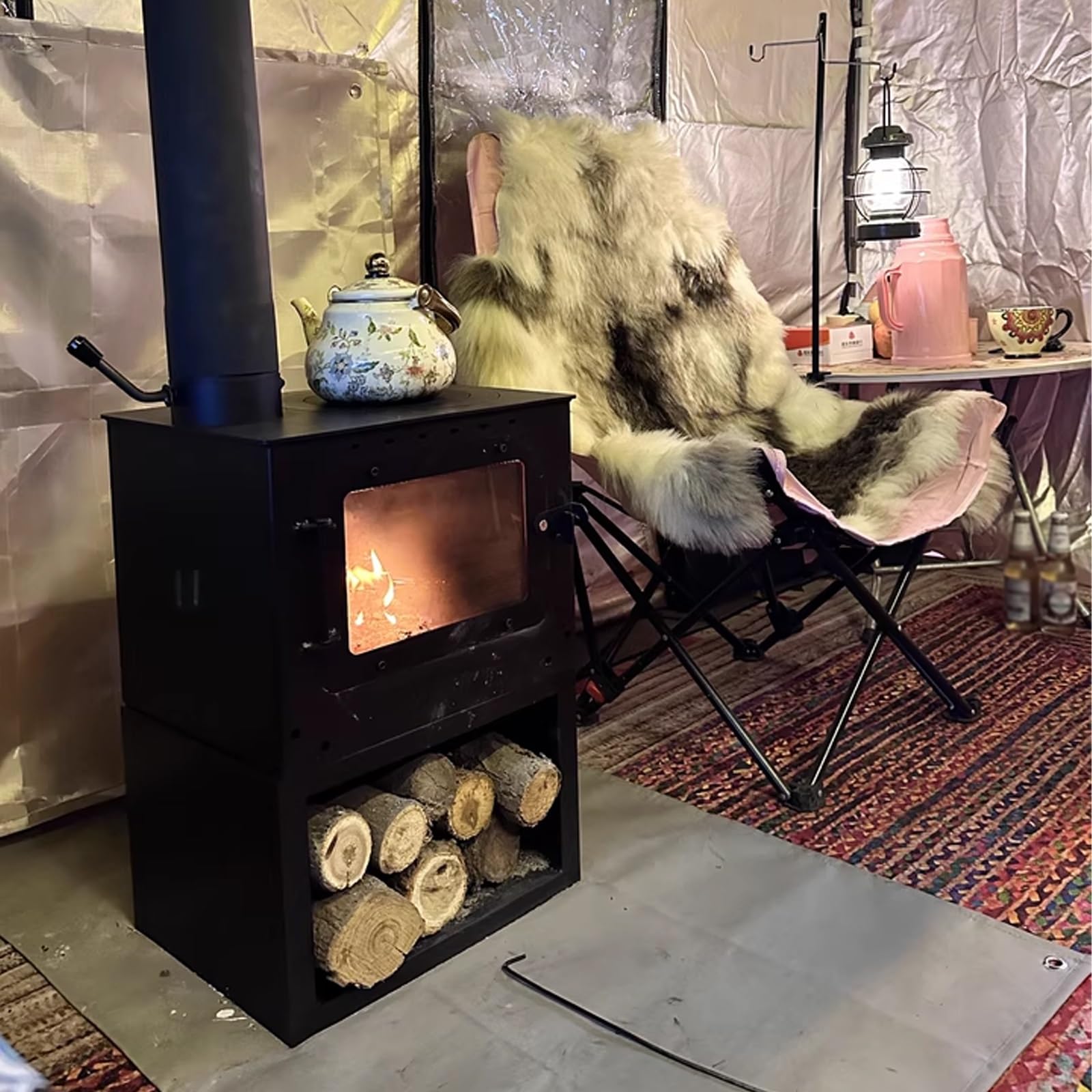 Stufa a Legna Economica Struttura in Acciaio Al Manganese Finestra di Osservazione Su Entrambi i Lati Stufa a Legna Piccola da Interno con Canna Fumaria Soggiorni e Terrazze(50 * 31 * 50cm,A)