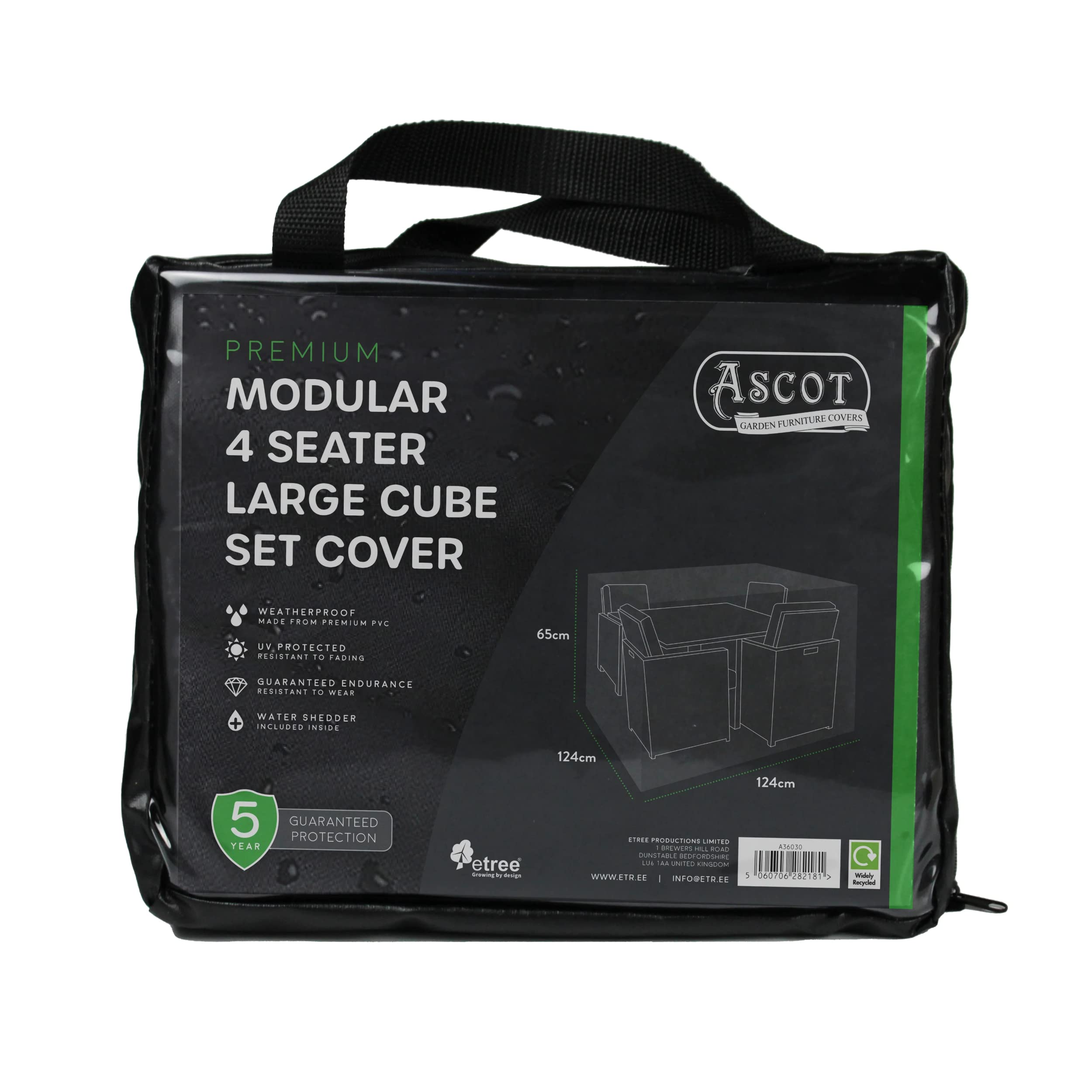 Ascot Garden Furniture Covers Black Ascot Premium Modular 4 Seater Cube Set Cover Large - 124 X 124 X 65 H Deep
