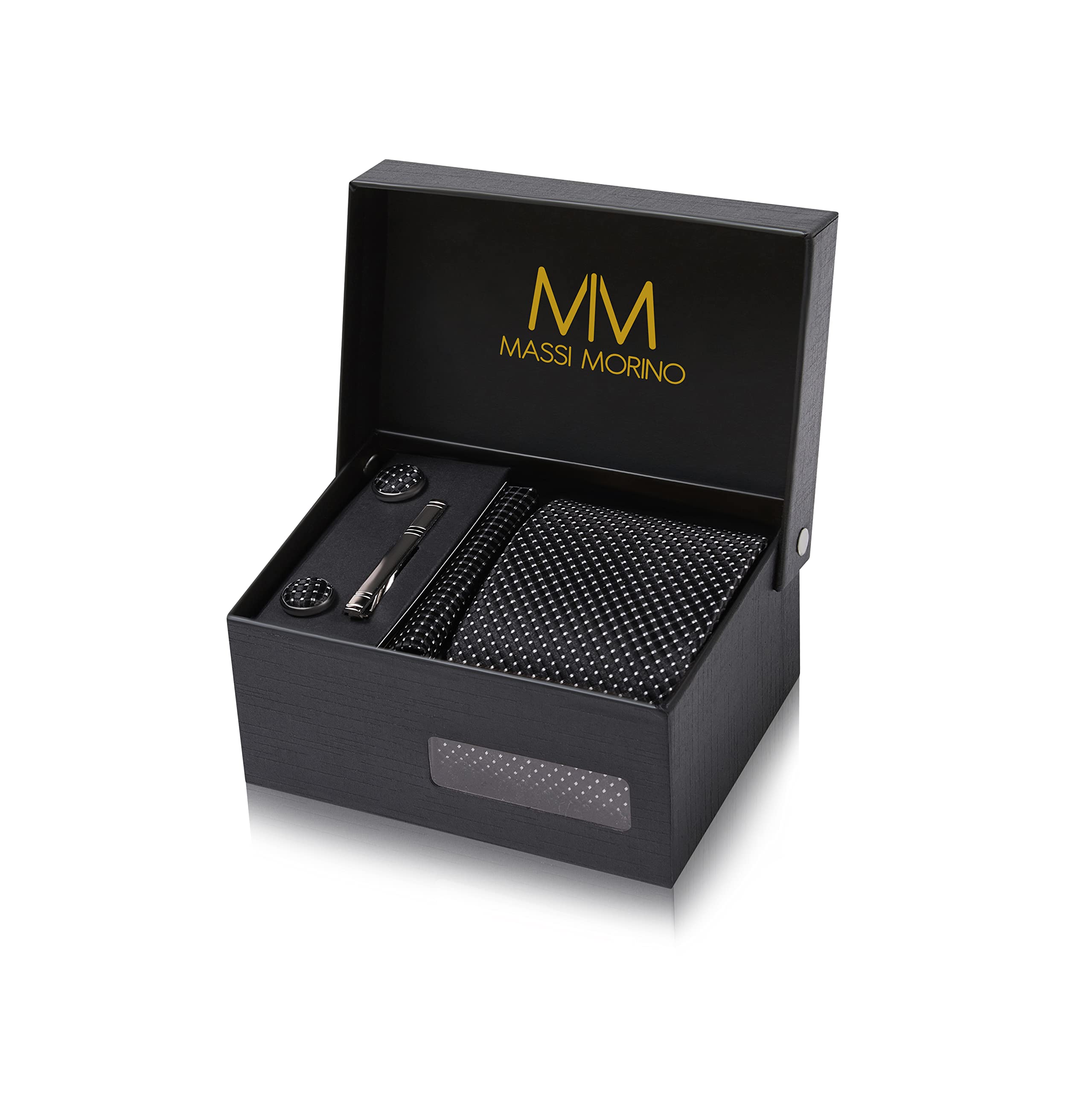 Massi Morino Krawatte mit Einstecktuch Set Herren inkl. Manschettenknöpfe, Krawattennadel und Geschenkbox - Männer Krawattenset zur Hochzeit