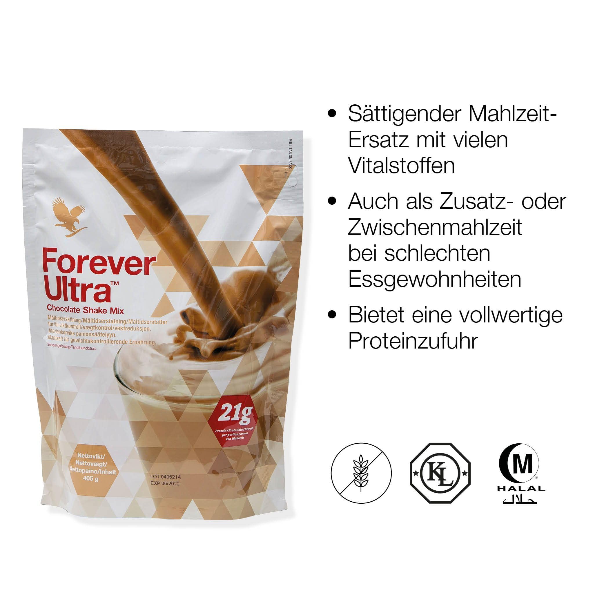 Forever Ultra Chocolate Protein Shake, 21g Soja Eiweiß, sättigender Mahlzeitersatz, Pulver ohne Konservierungsstoffe, glutenfrei (16 Portionen, 405 g)