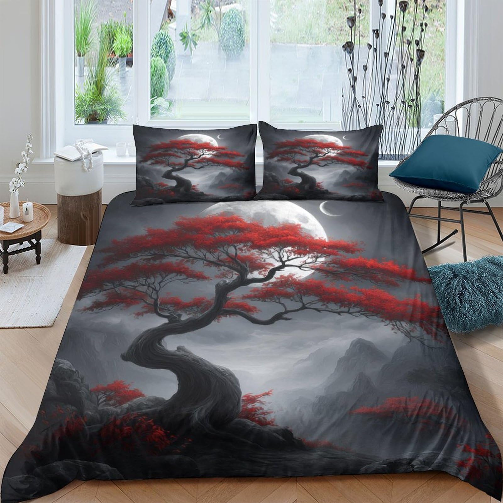 Ctjqhvkz Style-9 3D Printed Red Bonsai Tree Fitted Sheet Microfiber Soft Breathable Misty Mountain Bed Cover For Bedroom Guestroom Decor Single（135X200cm）