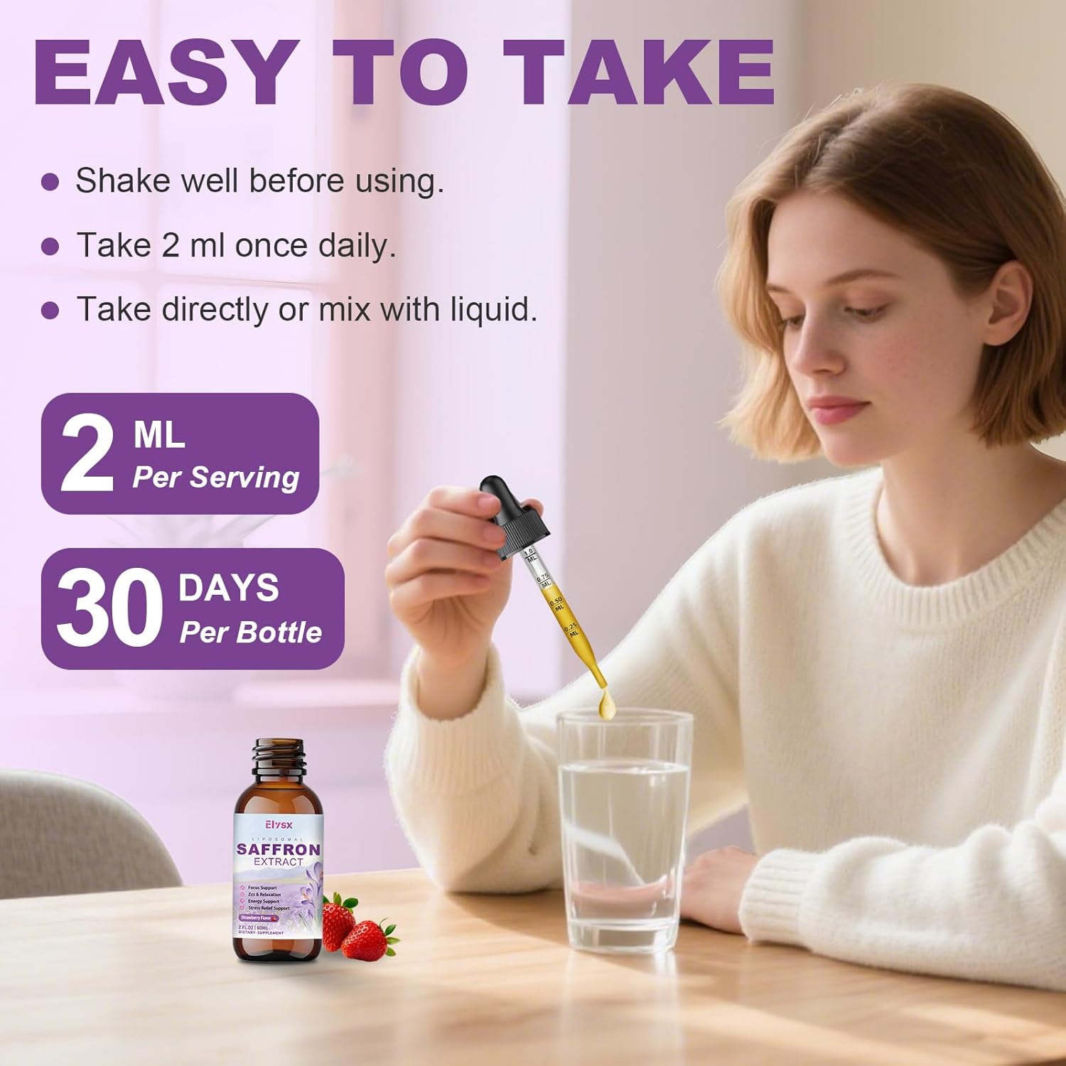 Liposomal Saffron for Kids & Adult, Organic Saffron Extract Liquid Drops with Holy Basil, Rosemary, L-Theanine for Stress, Focus, Energy Support, Eye Health, Vegan, Strawberry Flavor, 2 FL OZ - Image 6