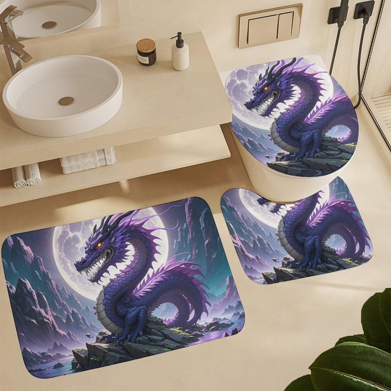 Tapis de bain dragon violet avec tapis contour WC et couvercle de toilette assortis