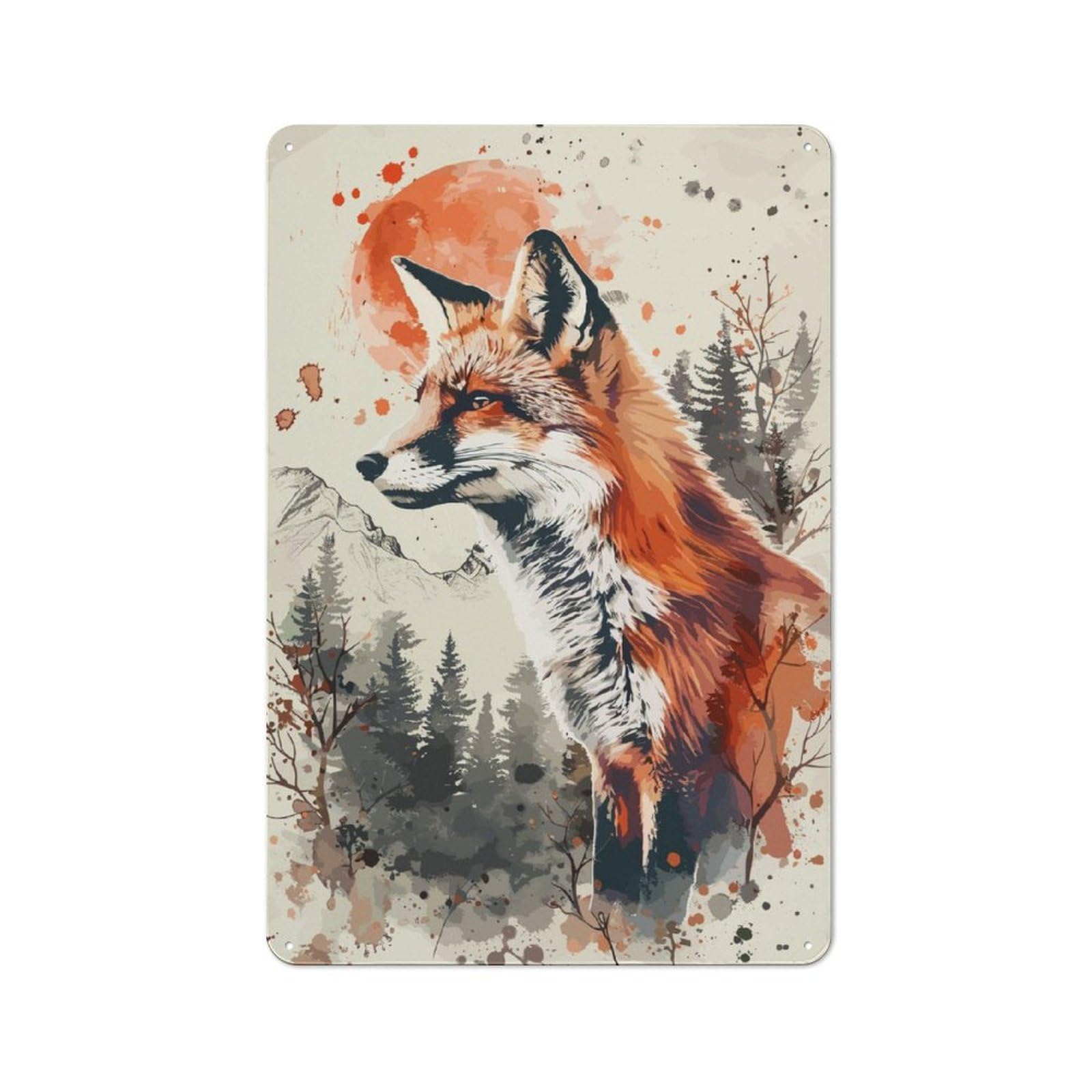 Junmoney Fox Nature Watercolor Retro Metal Wall Sign 30X20cm With For Bar Or Restaurant, Gift Idea For A New Home And Metal Sign Collection