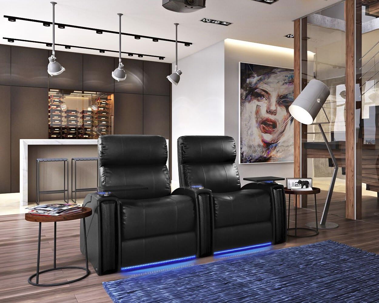 Octane Seating Nitro XL750 Black Leather - Power Recline - Storage Arms - Lights - Memory Foam - Straight Row of 2 Seats