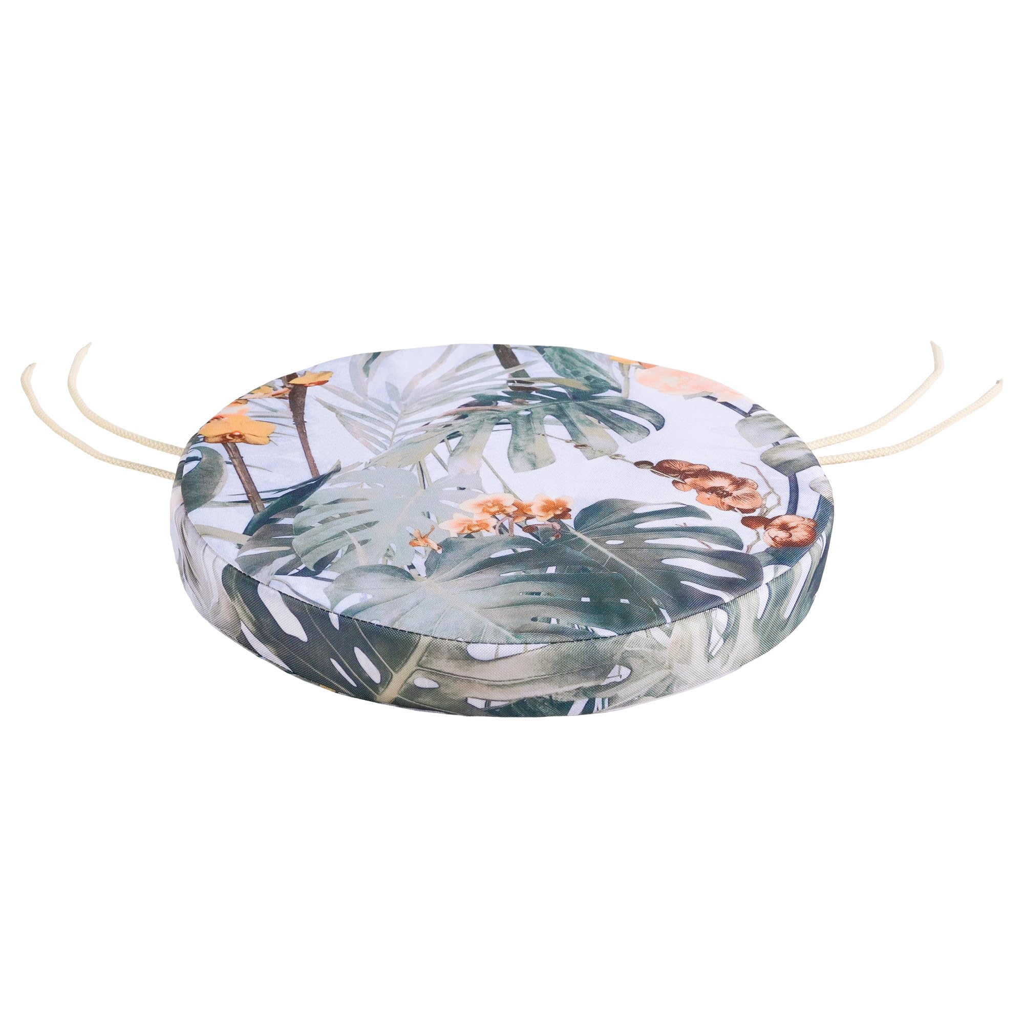Round Bistro Circular Chair Cushion with Seat Ties - 35cm - Indoor and Outdoor Furniture Seating - Water-Resistant Polyester - Patio, Kitchen Dining, Lawn & Garden, Coffee Shop Use - Monstera