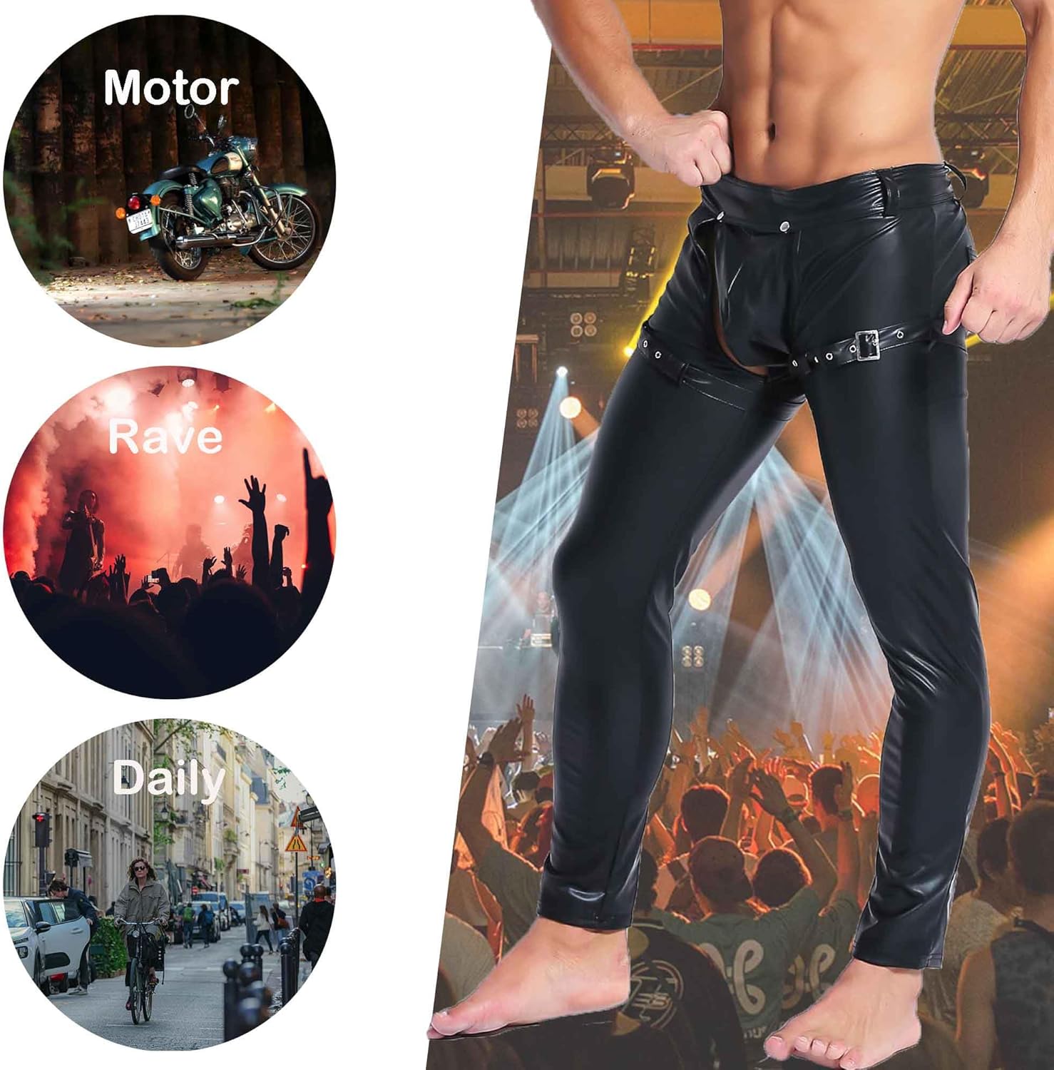 QiaTi Mens Skinny Pants Faux Leather Open Crotch Trousers Long Pant with Bulge Pouch for Men - Image 4