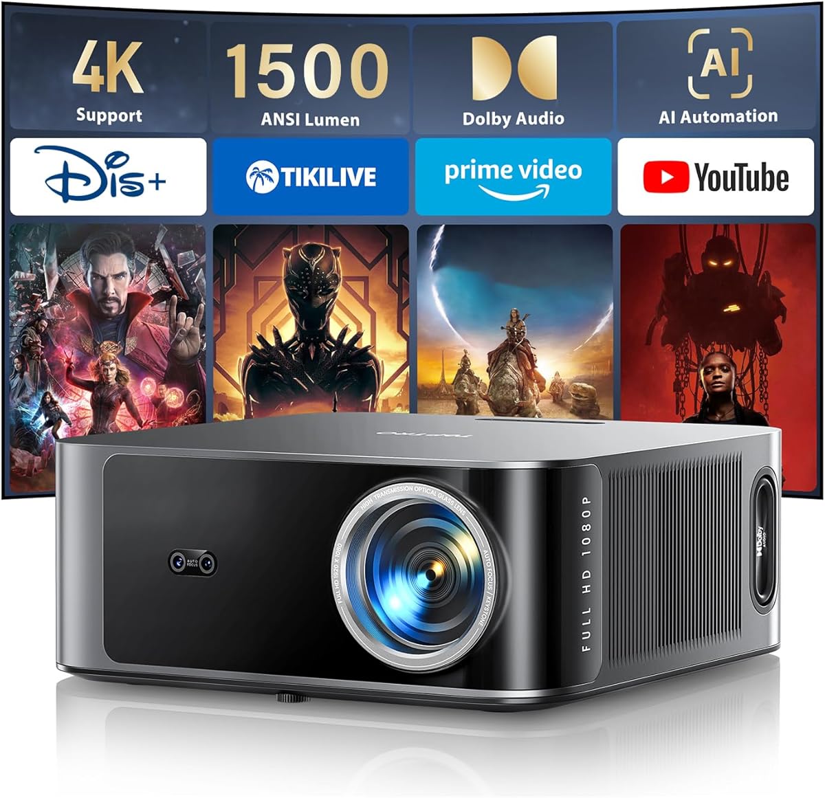 [1500 ANSI/36W Dolby Audio/APPs] Smart-Projector-4K with WiFi6 and 2-Way Bluetooth, AI Auto Focus Projector, HDR10, TOPTRO X9 Outdoor Movie Proyector Compatible with Netflix/YouTube/Prime Video