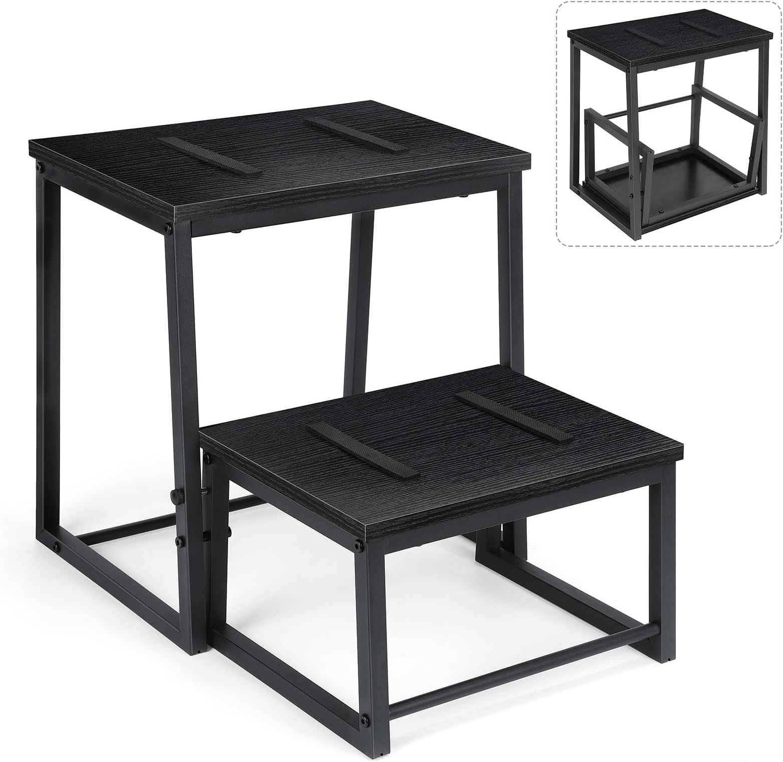 LIANTRAL Step Stool for Adults and Children, 2 Step Stool, Steel and Sturdy Wooden Stool, Load Capacity up to 200 kg, Step Stool for Bed, Kitchen, Bathroom (Black)