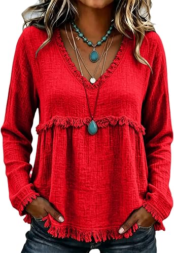 Fall Fringe Long Sleeve Boho Tops for Women V-Neck Cotton Linen Tops Red