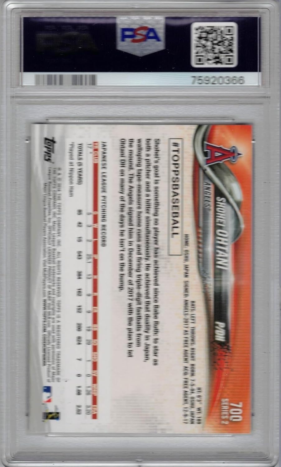 2018 Topps Baseball #700 Shohei Ohtani Rookie Card Graded PSA 10 Gem Mint