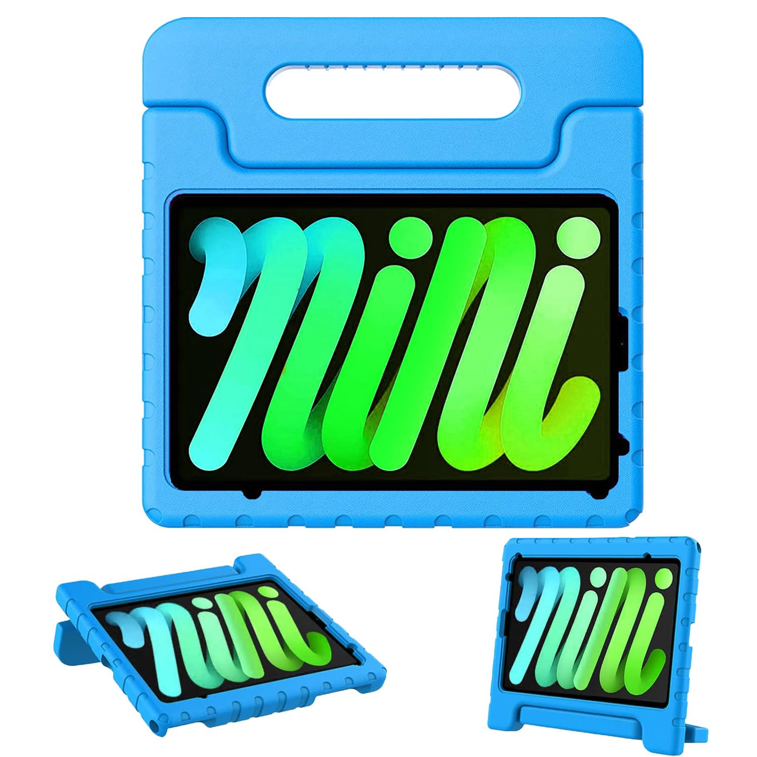 iPad mini7 ケース (A17 Pro、2024) iPad mini 第7 6世代 キッズケース (8.3インチ、2024/2021) アイパッド カバー 子供 保護ケース ハンドル付き 超軽量 耐衝撃 スタンド機能 (ブル-)