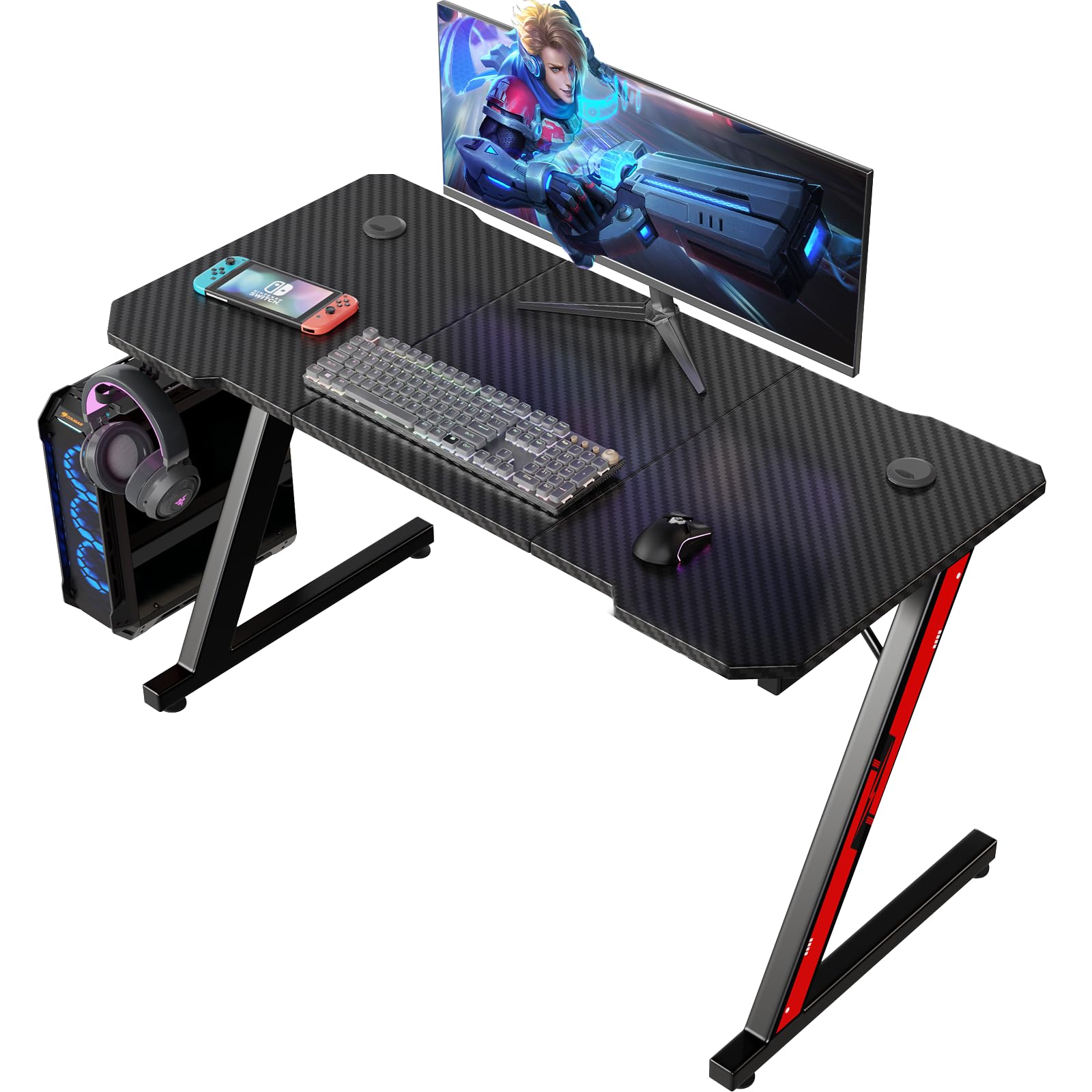 Homall 120 x 60 cm Scrivania Gaming Ergonomica, Tavolo con Piano del Tavolo in Fibra di Carbonio, Tavolo Gaming con Ganci per Cuffie, Nero