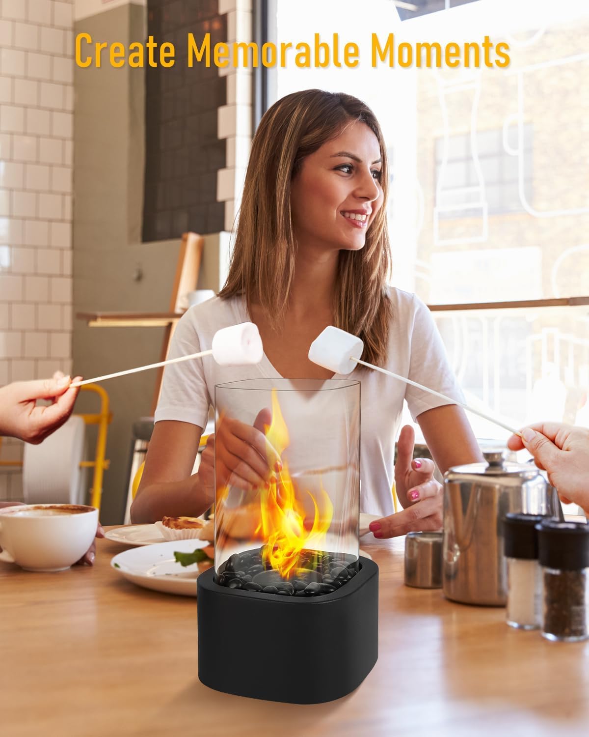 Tafelhaard met 2 kleuren decoratieve stenen met tafelvuur voor binnen en buiten, 4 uur brandduur - verstelbare vlam, bio-ethanol haard voor diner, feest, balkon - creëer een aangename sfeer
