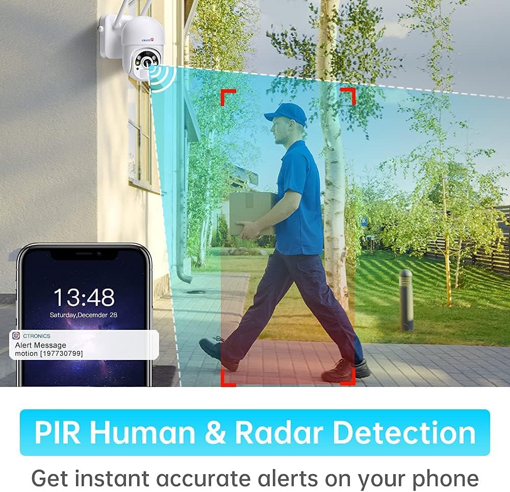 Ctronics Outdoor Security Camera Battery Powered, WiFi Wireless Security Camera Pan/Tilt with Color Night Vision, PIR and Radar Dual Detection, 2-Way Audio for Home Surveillance System