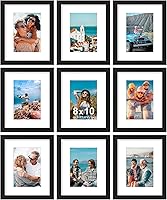 Vittanly 8x10 Black Picture Frames Set of 9 - Shatterproof Plexiglass, 5x7 Mats, Engineered Wood for Wall or Tabletop Gallery Display
