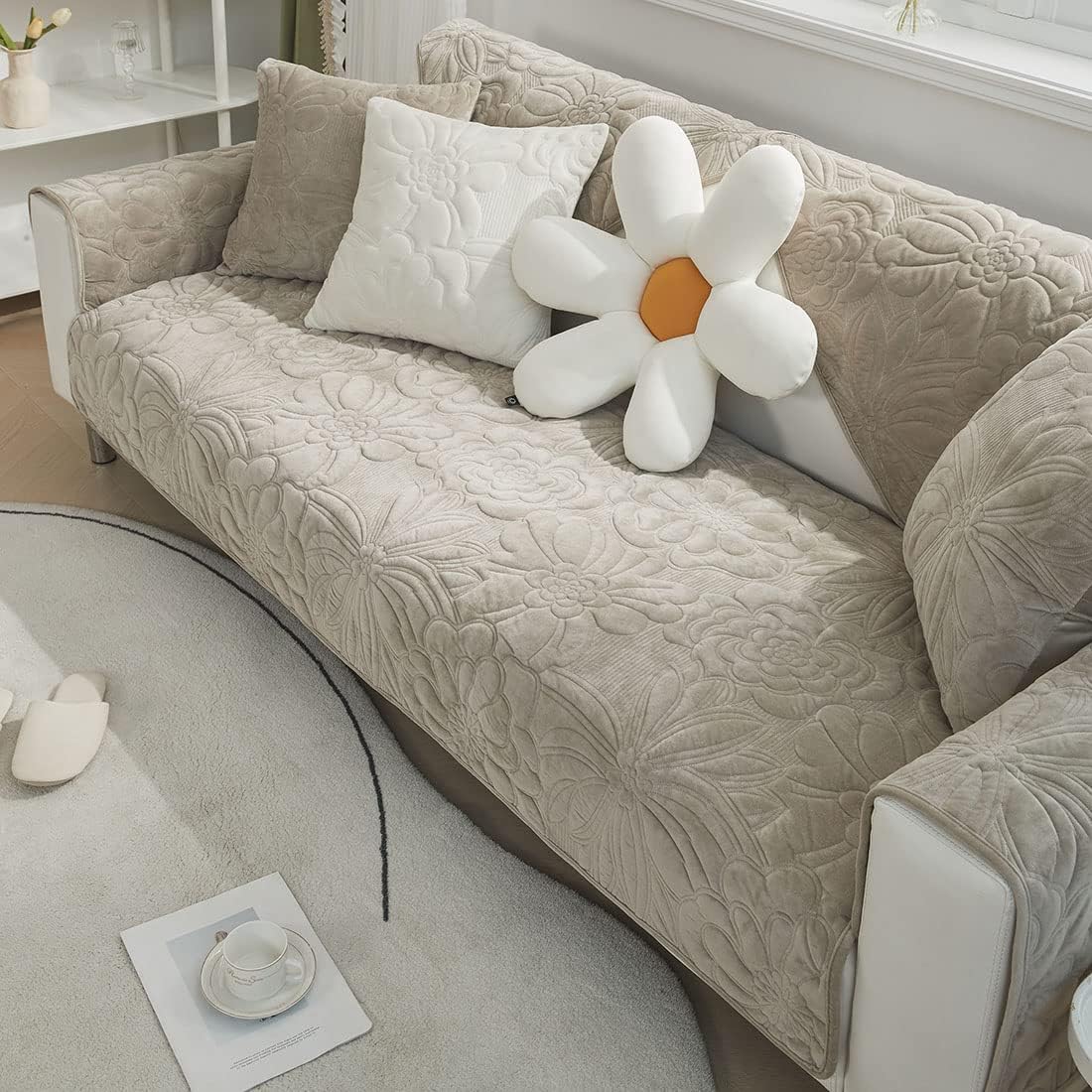 vctops Farmhouse Thick Velvet Sofa Cover Soft Plush Couch