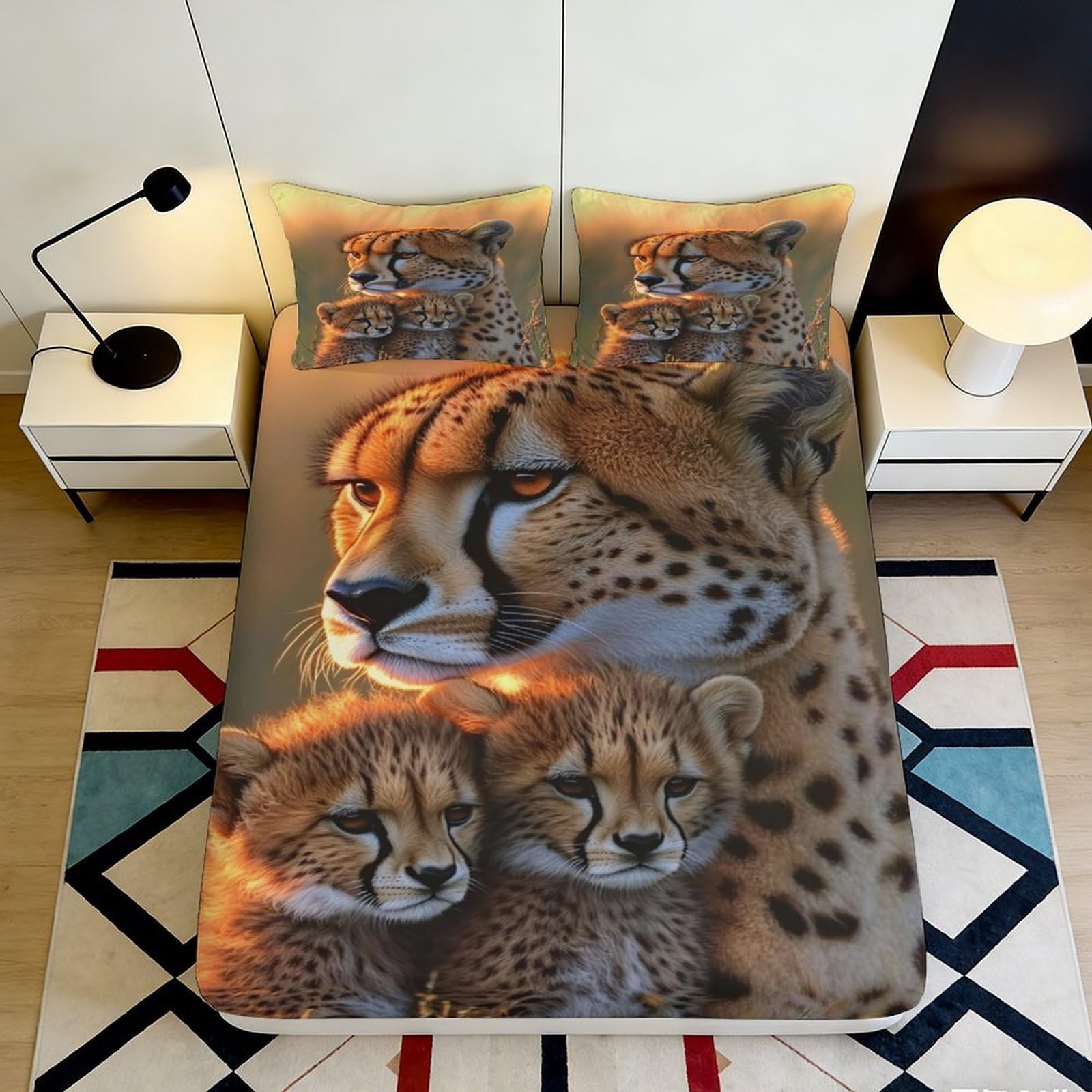 3D Printed Cheetah Family Fitted Sheet Microfiber Soft Anti-Slip Animal Bed Cover for Bedroom Guest Room Decor Mattress Protection 200x200x25cm