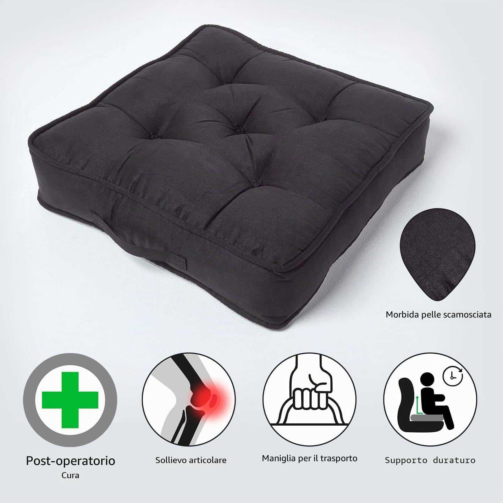Homescapes Cuscino per poltrona in finto camoscio con imbottitura di sostegno, alzata di 10 cm per una maggior comodità, ideale per gravidanza, post-operatorio o neo-mamme, Nero , 50 x 50 x 10 cm