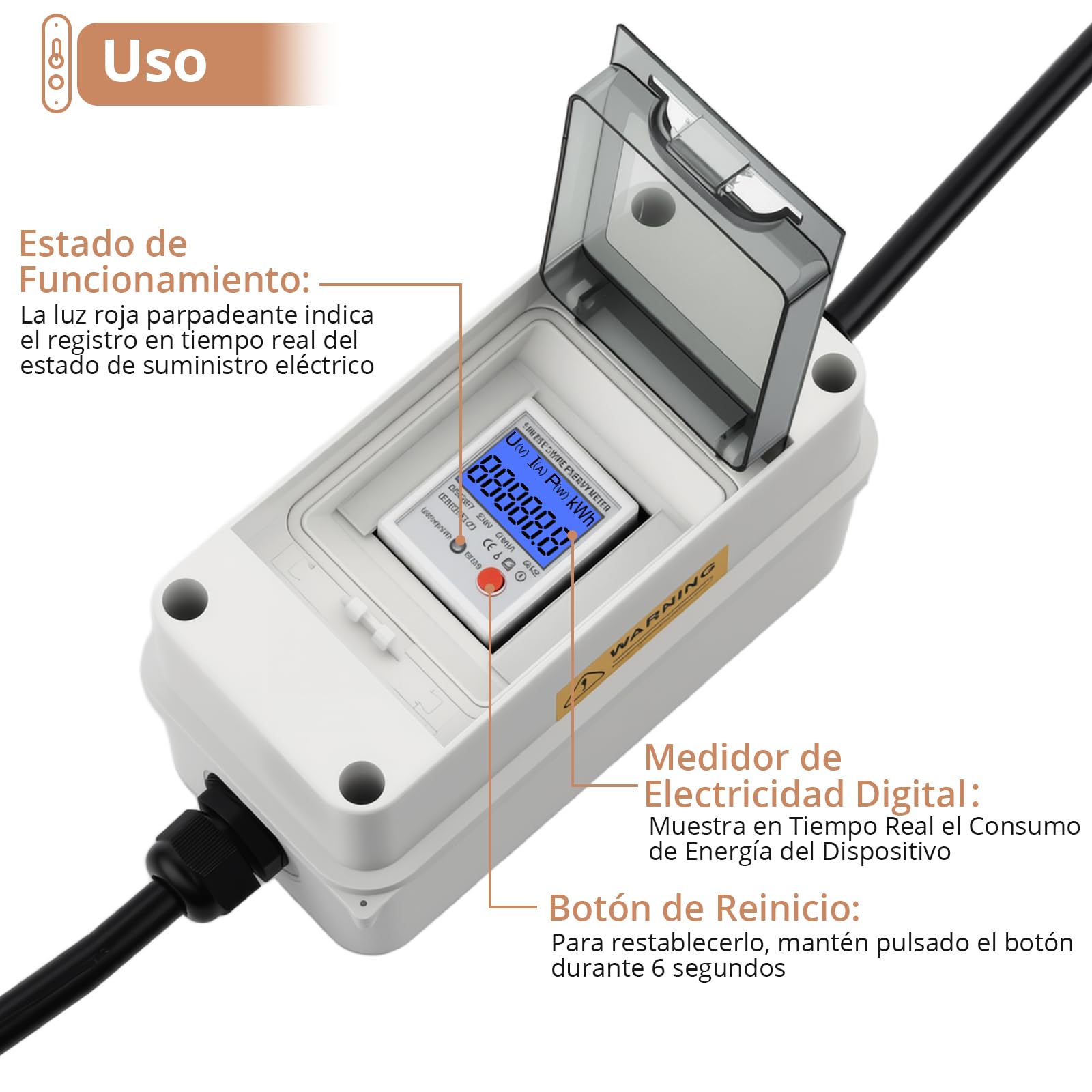 KAMTOP Medidor Energía Eléctrica Monofásico Digital 230V Contador kWh 80A | Medidor Energía Eléctrica Monofásico, Contador kWh, Vatímetro Digital, Monitor Consumo, IP65, 230V 80A, Cable H07RN-F