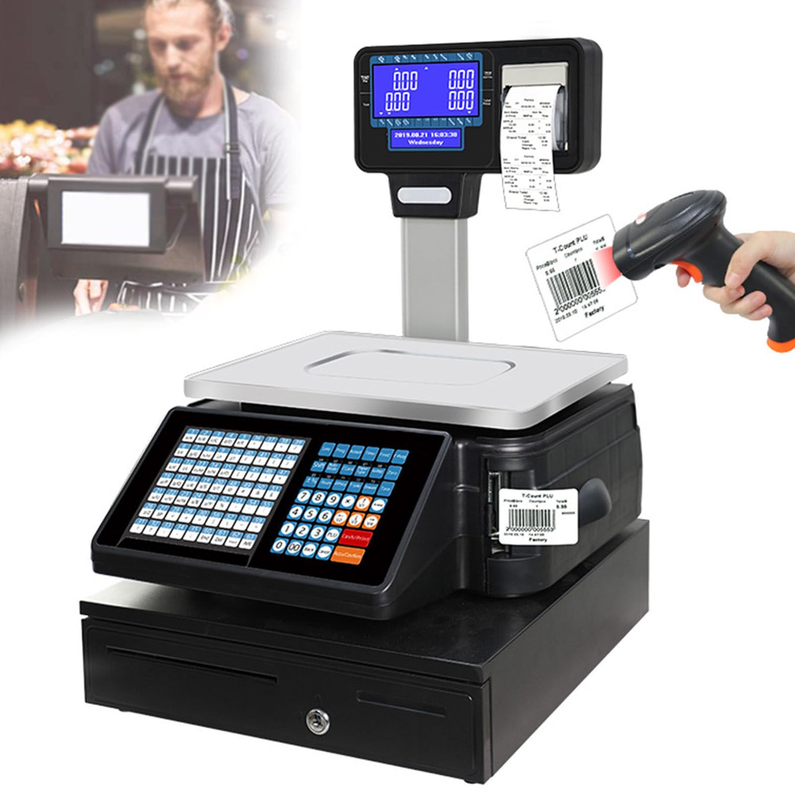 SaryEdge Price Computing Scale 66LB Digital Deli Meat Food Computing Retail Price Scale Commercial Digital Price Computing Scale with 2roll Label Barcode Printer,A,D,D