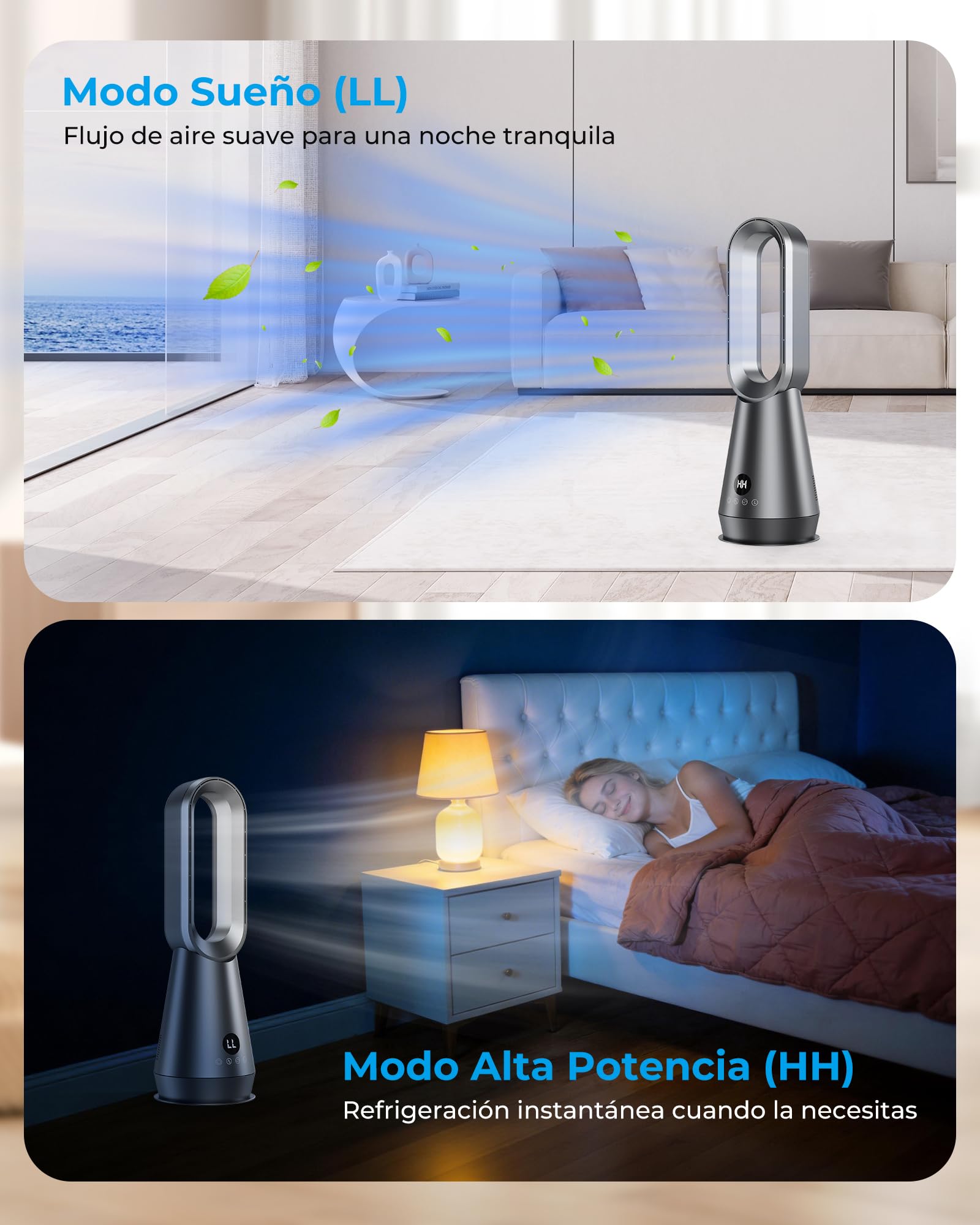 Ventilador de Torre Silencioso sin Aspas,Ventiladores Aire Frio con 8 Velocidades,2 Modos(Sueño,Viento Fuerte),Temporizador 9h,Oscilación 80°,Mando a Distancia,Pantalla LED,32dB Bajo Nivel de Ruido
