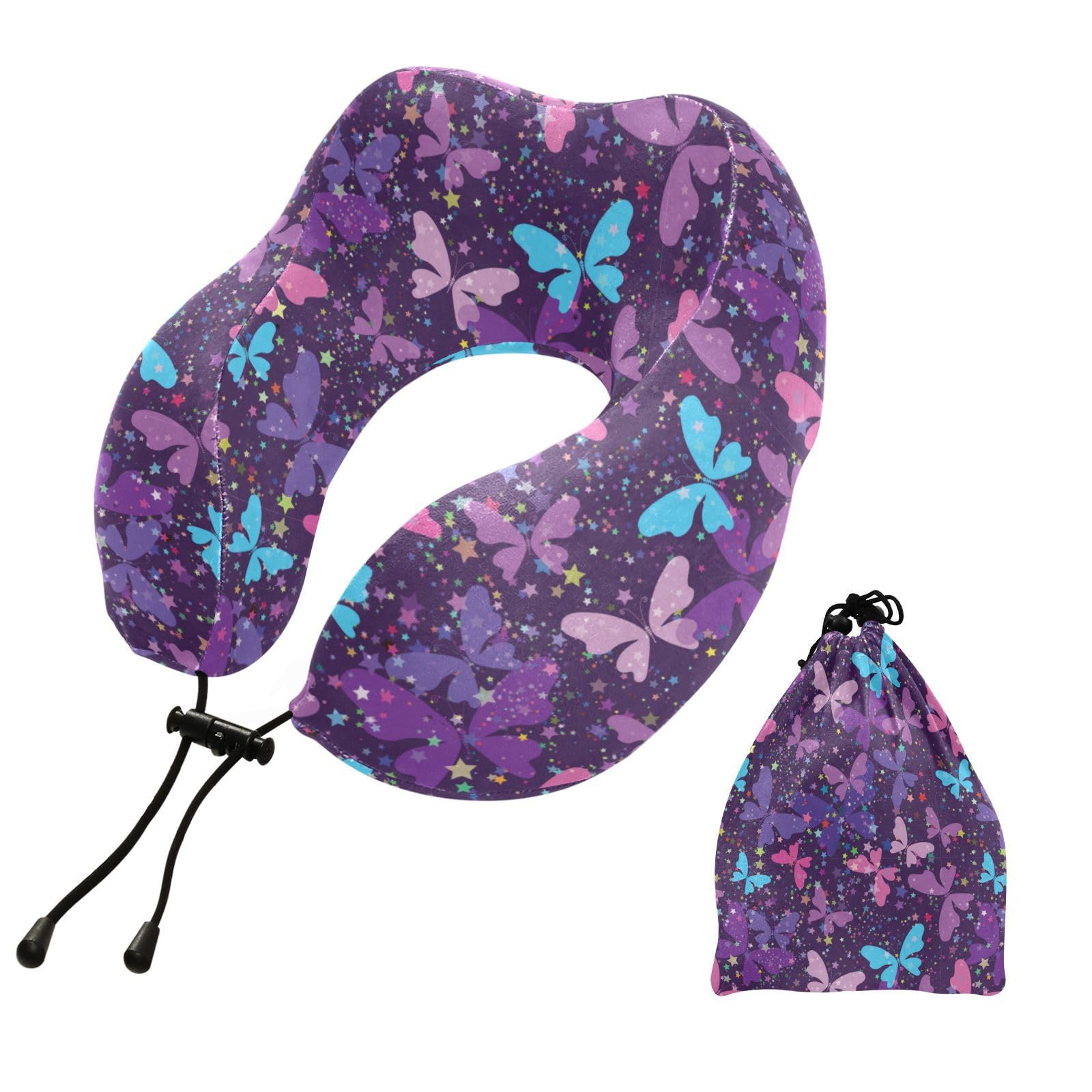 Wusikd Travel Pillow Colored Butterflies Memory Foam Purple Neck Pillow for Traveling Sleep, Long Flight Rest, Office Break, Airplane Car Head Shoulder Back Support