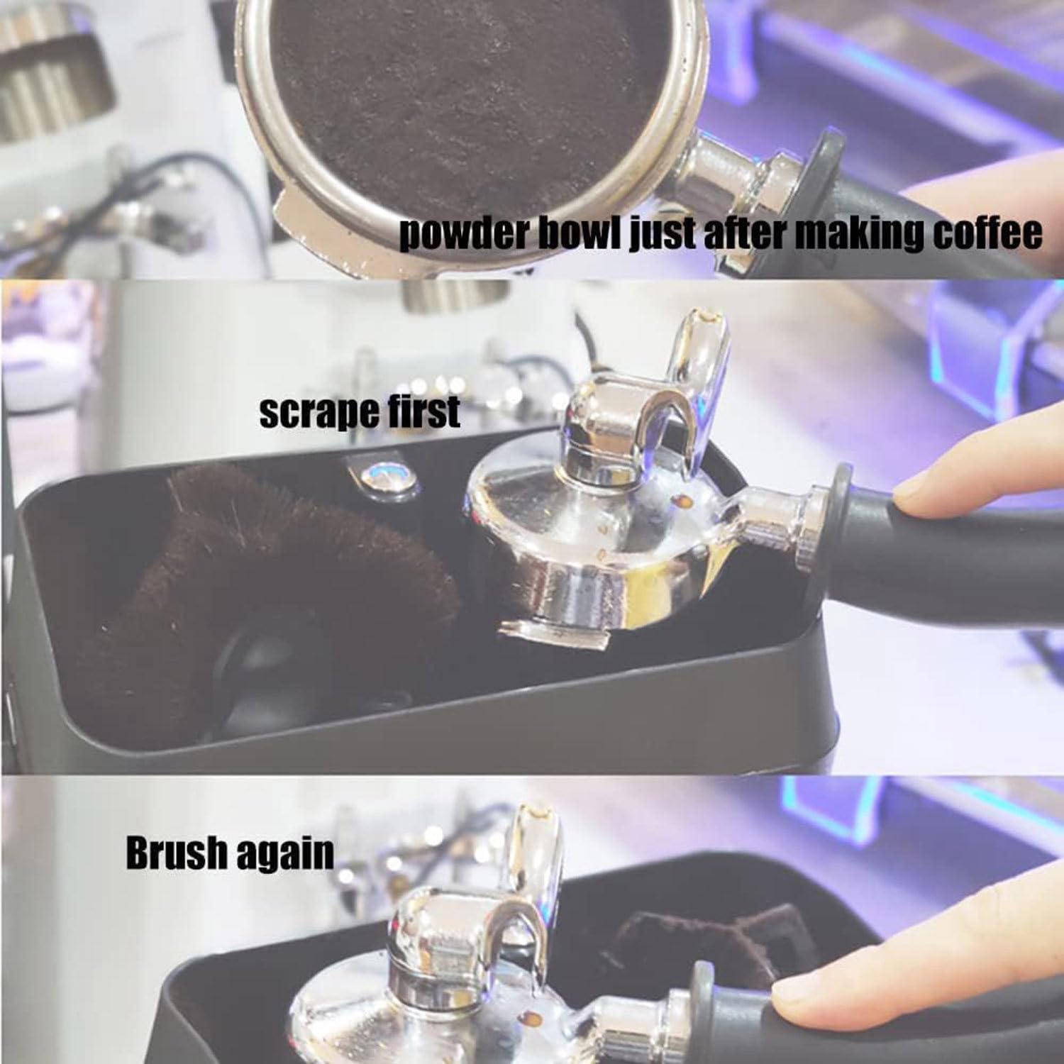 Machine de Nettoyage de Porte-Filtre électrique Knock Box Coffee Portafilter Cleaner, avec 2 grattoirs et 1 tête de Brosse pour la Maison, Le café, Le Restaurant,Silver