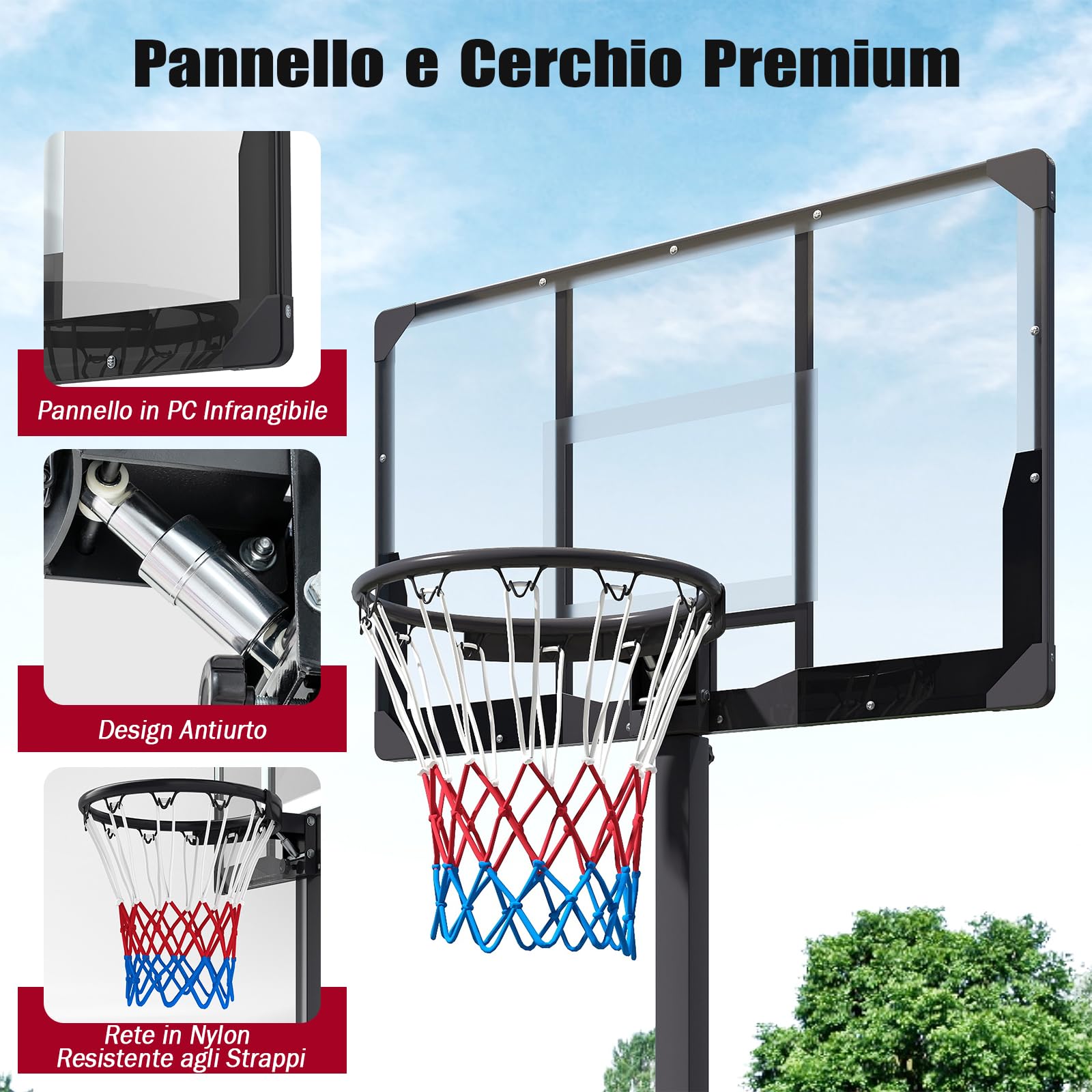 COSTWAY Canestro da Basket da Esterno ed Interno, Canestro da Basket Professionale e Pieghevole con Altezza Regolabile 230-305 cm, Tabellone in PC Infrangibile e Base Mobile con Ruote e Riempibile
