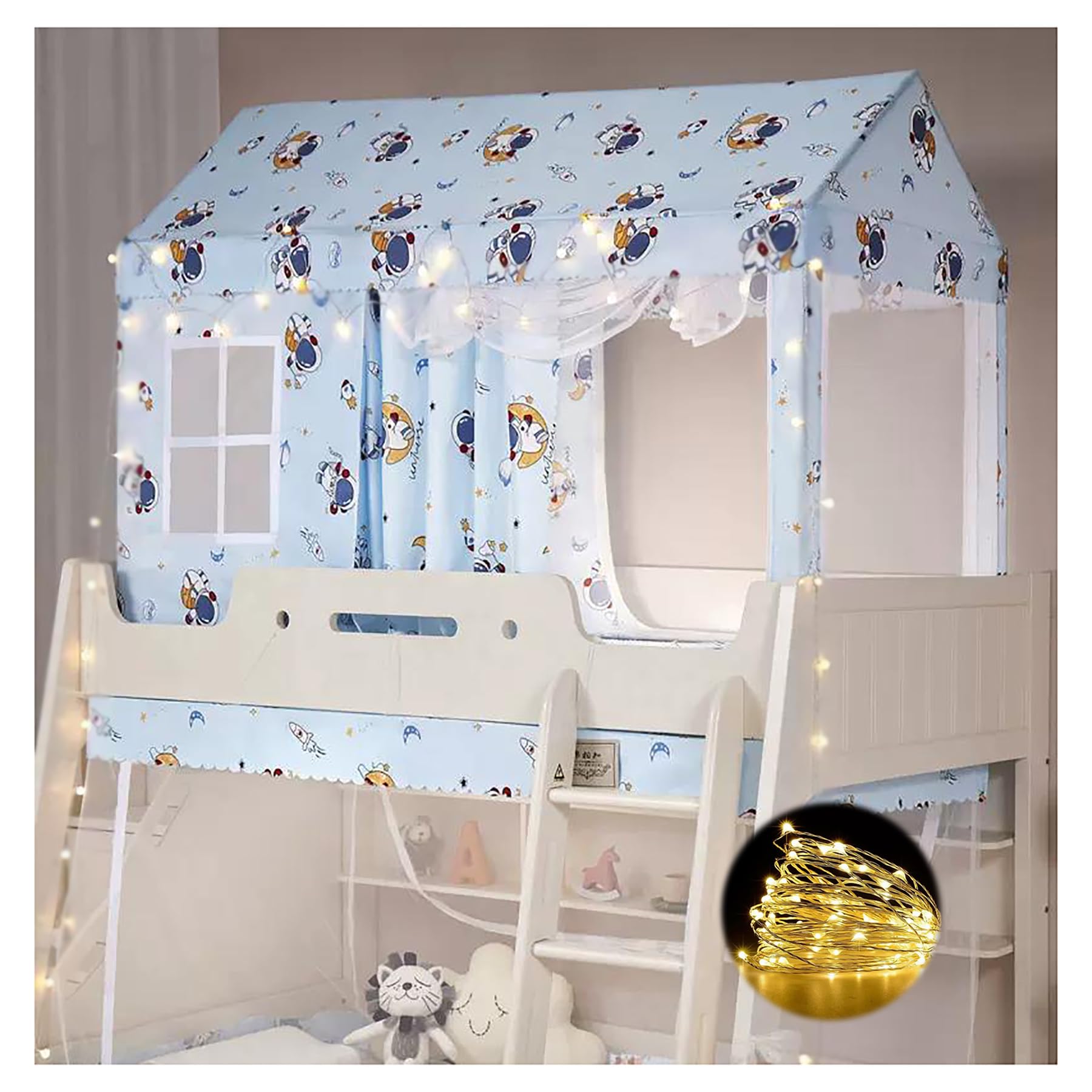 Twin Top Bunk Bed Tent Canopy with Frame - Stainless Steel Canopy Bed Frame Curtains with Elegant Bed Netting Canopy for Girls, featuring Lights - Enhance Bedroom Décor with this Stunning Canopy