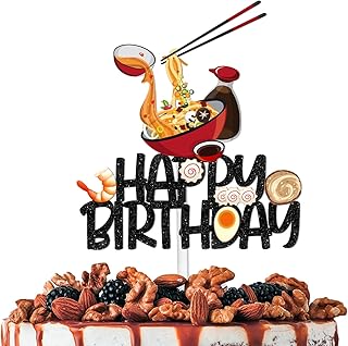 Black Glitter Happy Birthday Cake Topper Cheer to Japanese Food Noodle T...