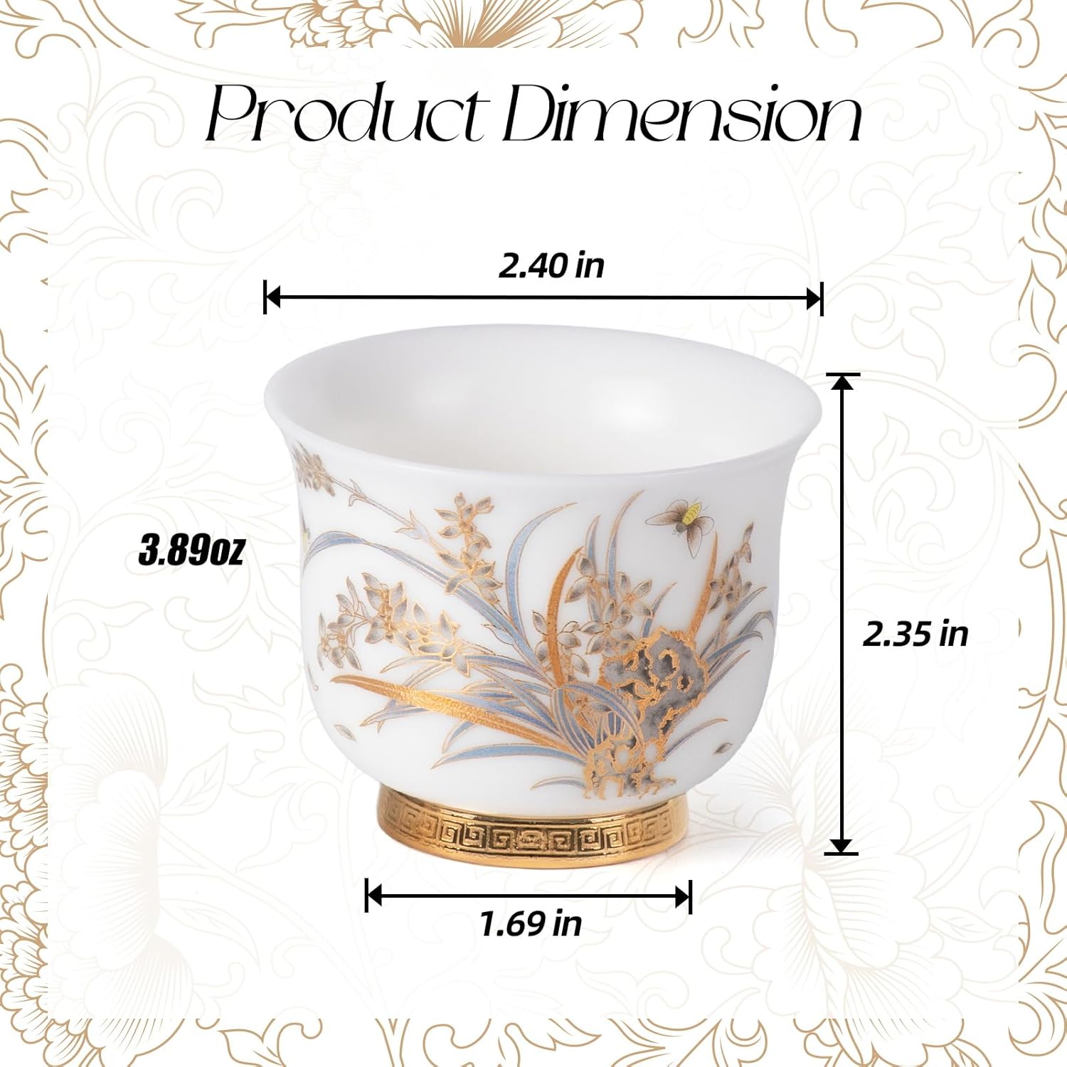 KAMMAK Ceramic Tea Cups Small, Cute Vintage Coffee Cup Set of 2, Porcelain Teacups Espresso Mug, 3.9oz Hand Painted Chinese Afternoon Tea Party Mugs, Birthday Gift for Women Men, Reversible
