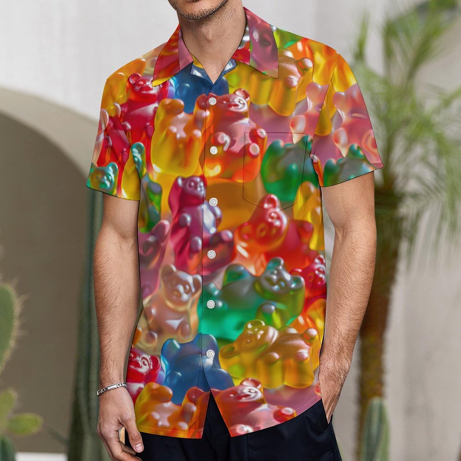 Colorful Gummy Bears Men's Short Sleeve Shirts Casual Novelty Printed Regular-Fit Button Down Shirt Summer Tops with Pocket