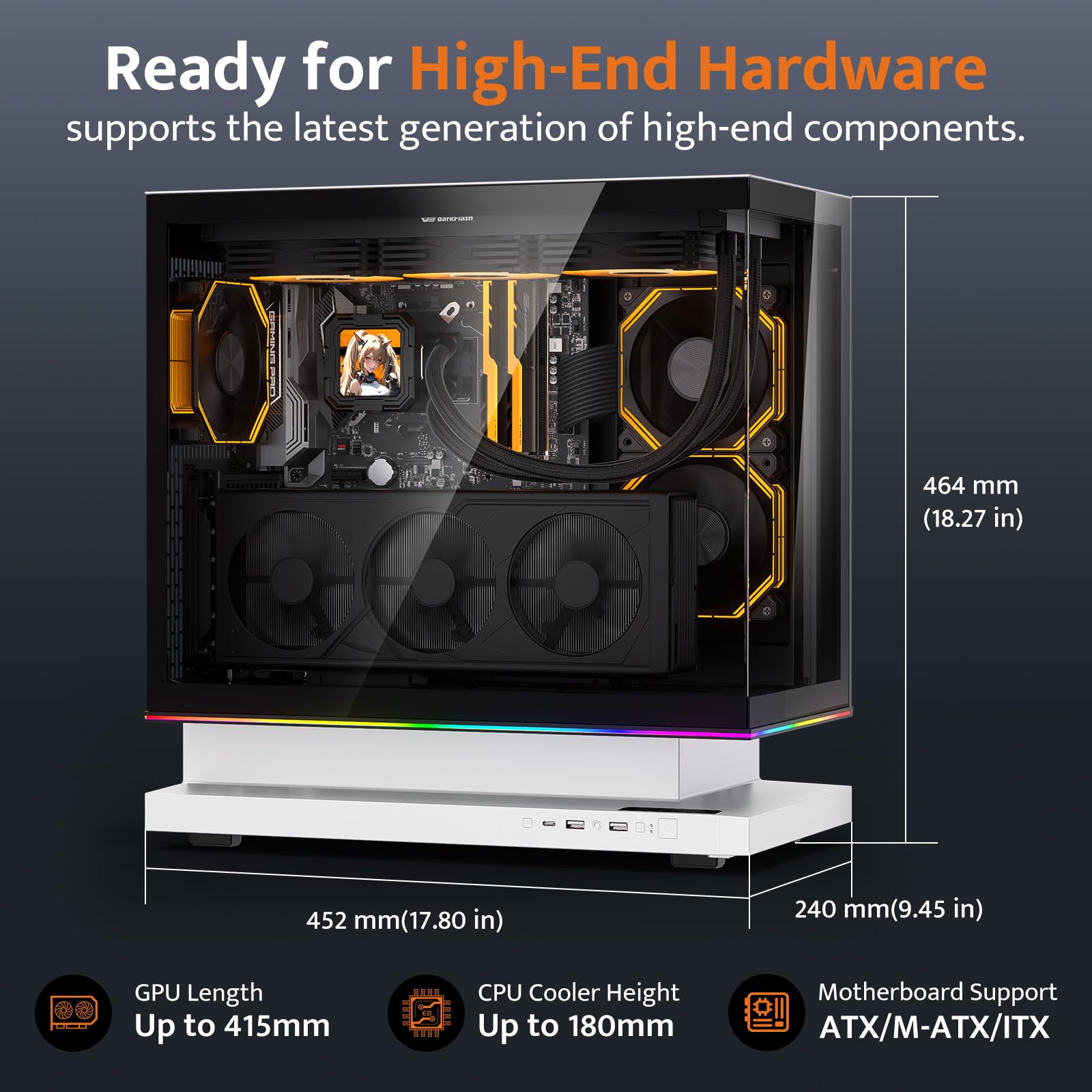darkFlash FLOATRON F1 ATX PC Case, 360 mm AIO Ready, szkło hartowane, dolny wlot o wysokim przepływie powietrza, pływająca konstrukcja, wentylator chłodzący VRM, typ C, listwa świetlna RGB (3