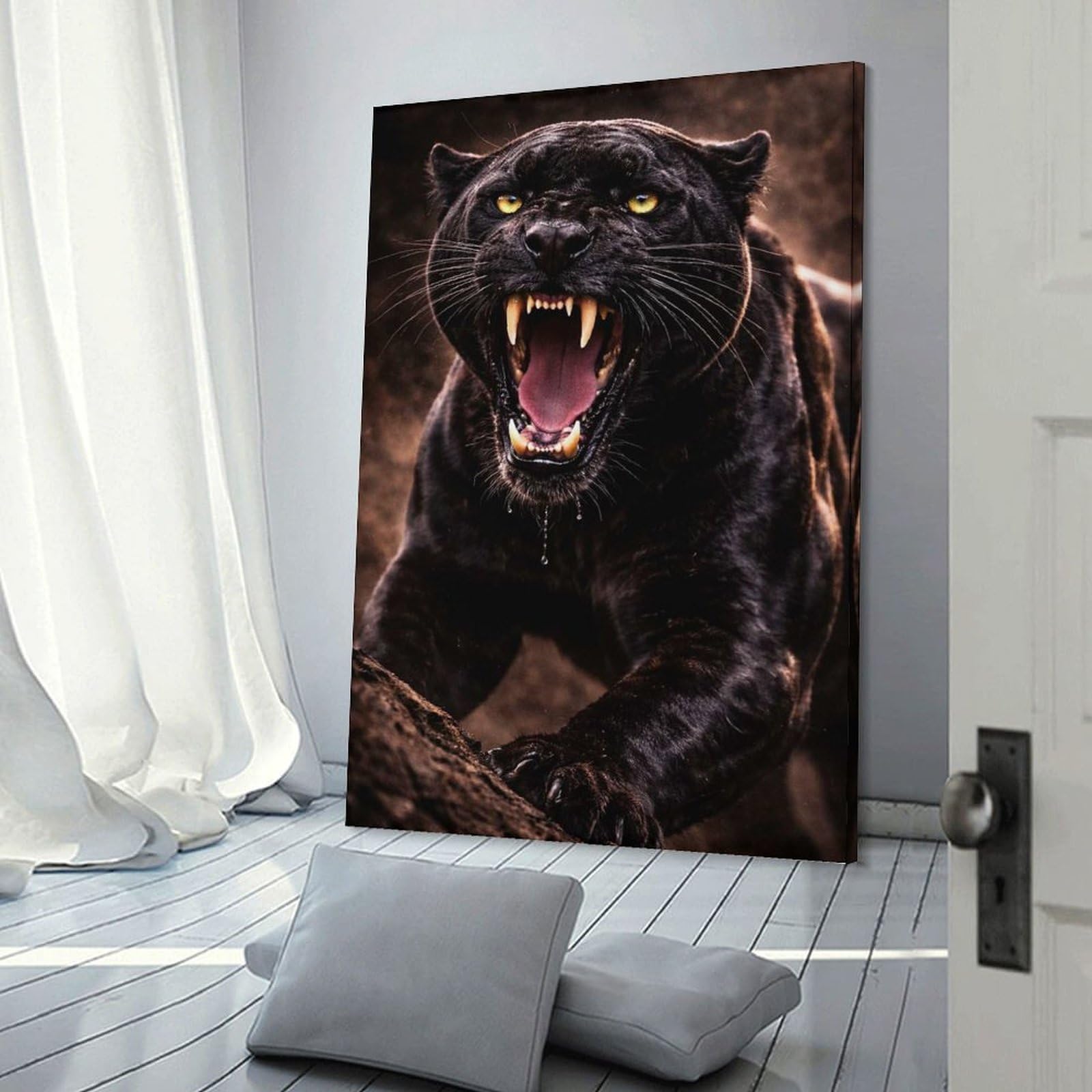 Junmoney Canvas Art Print Fierce Black Panther Roaring, 20x30inch(50x75cm), for Home Office, Desk Area Or Studio, Wall Art That Adds Style to Work Areas