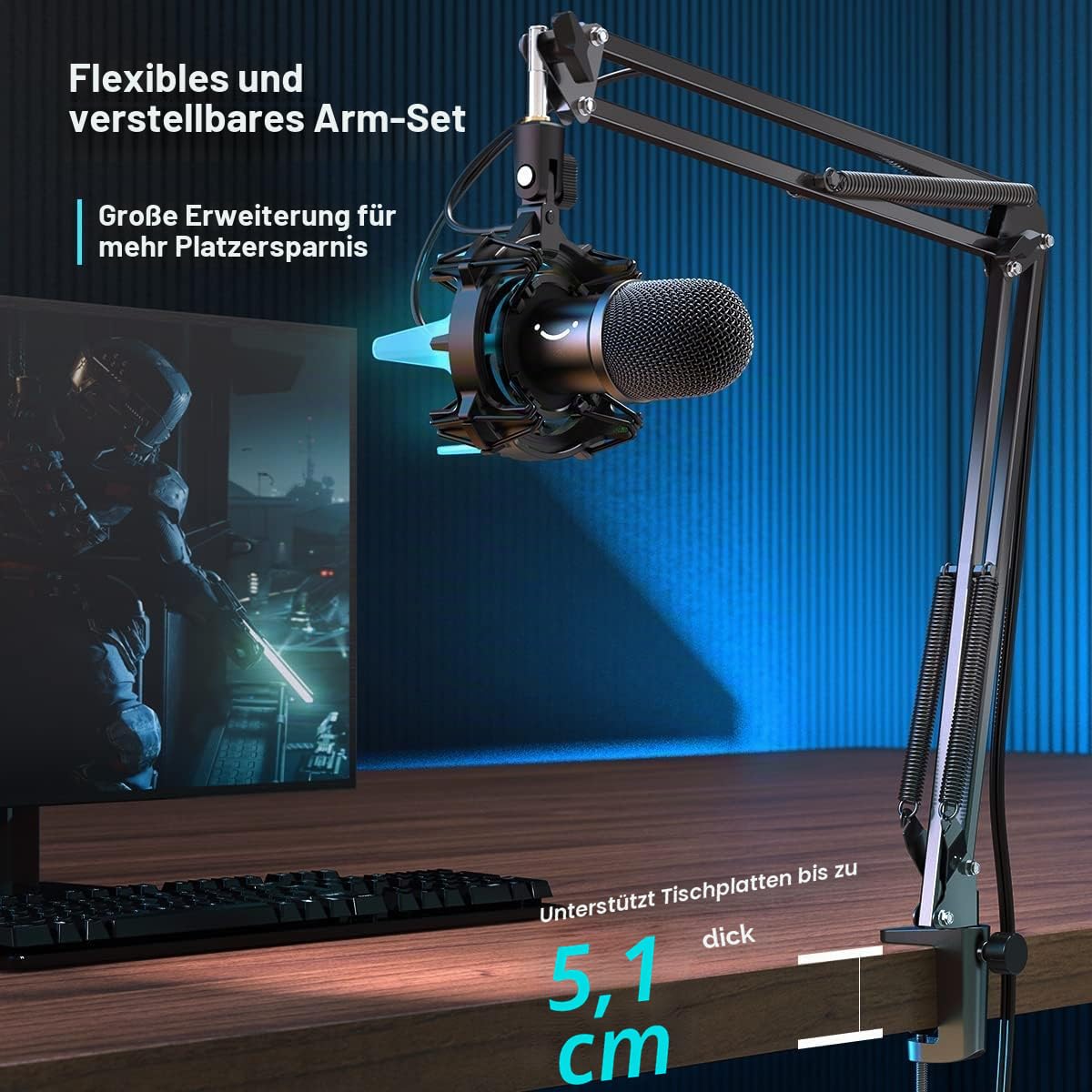 FIFINE Gaming Mikrofon PC mit Arm, 8 RGB Steuerungsmodi USB Microphone für MAC PS4 PS5, Dynamisches Microfon mit Mikrofonarm, Stummschalttaste, Shock Mount