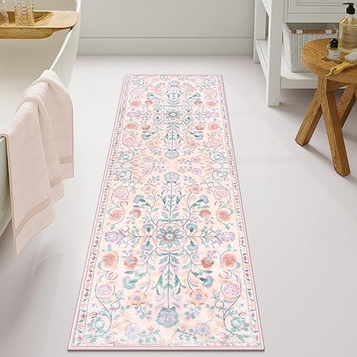 Miniatura 12 de Uphome Alfombra de baño larga con estampado floral beige, suave, antideslizante, lavable a máquina, estilo bohemio, estético, para baño, fregadero,