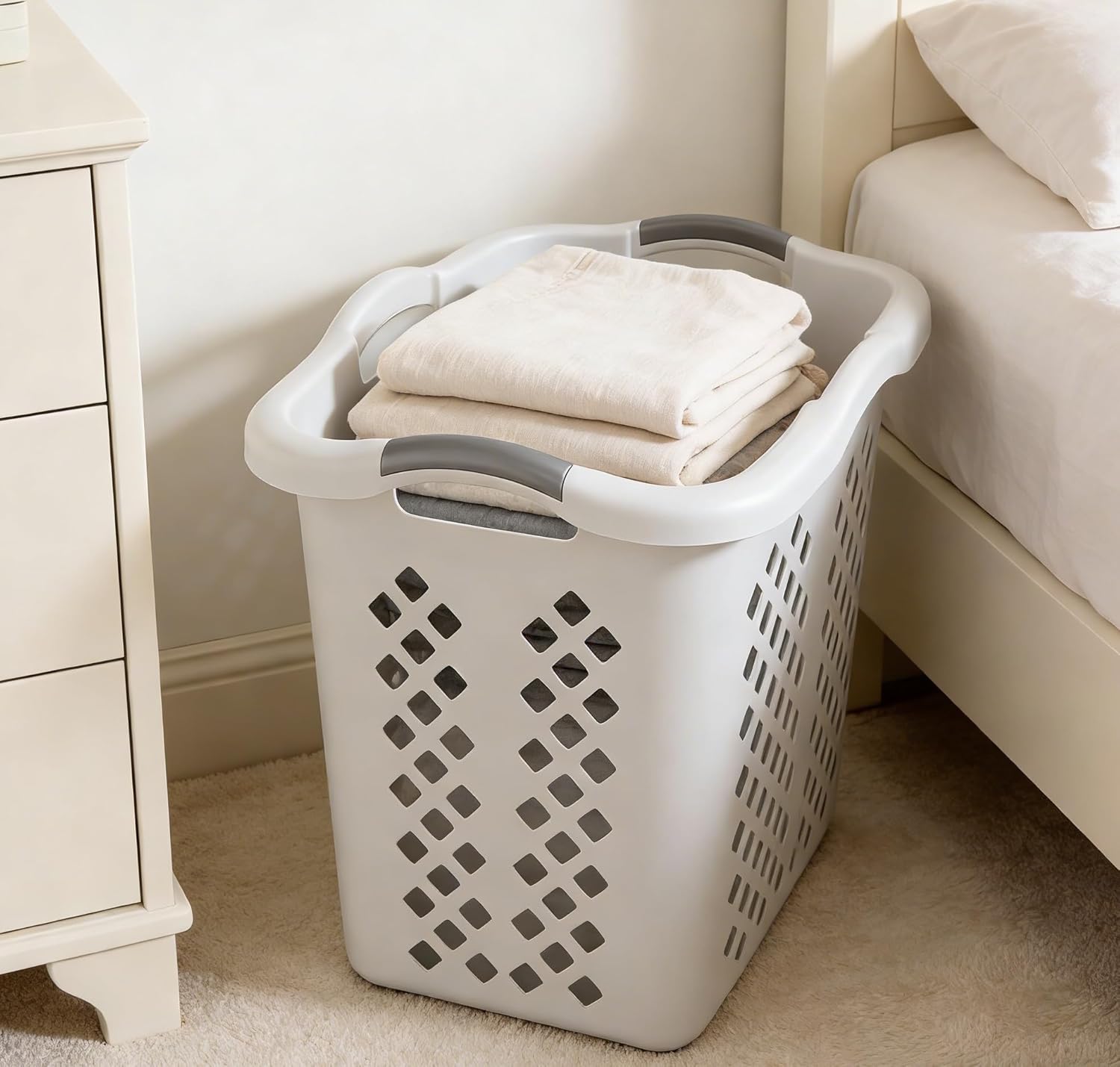 2-Pack Ultra Portable Plastic Laundry Basket With Silver Handle, Suitable For Dirty Laundry Basket Boxes In Homes And Apartments, White