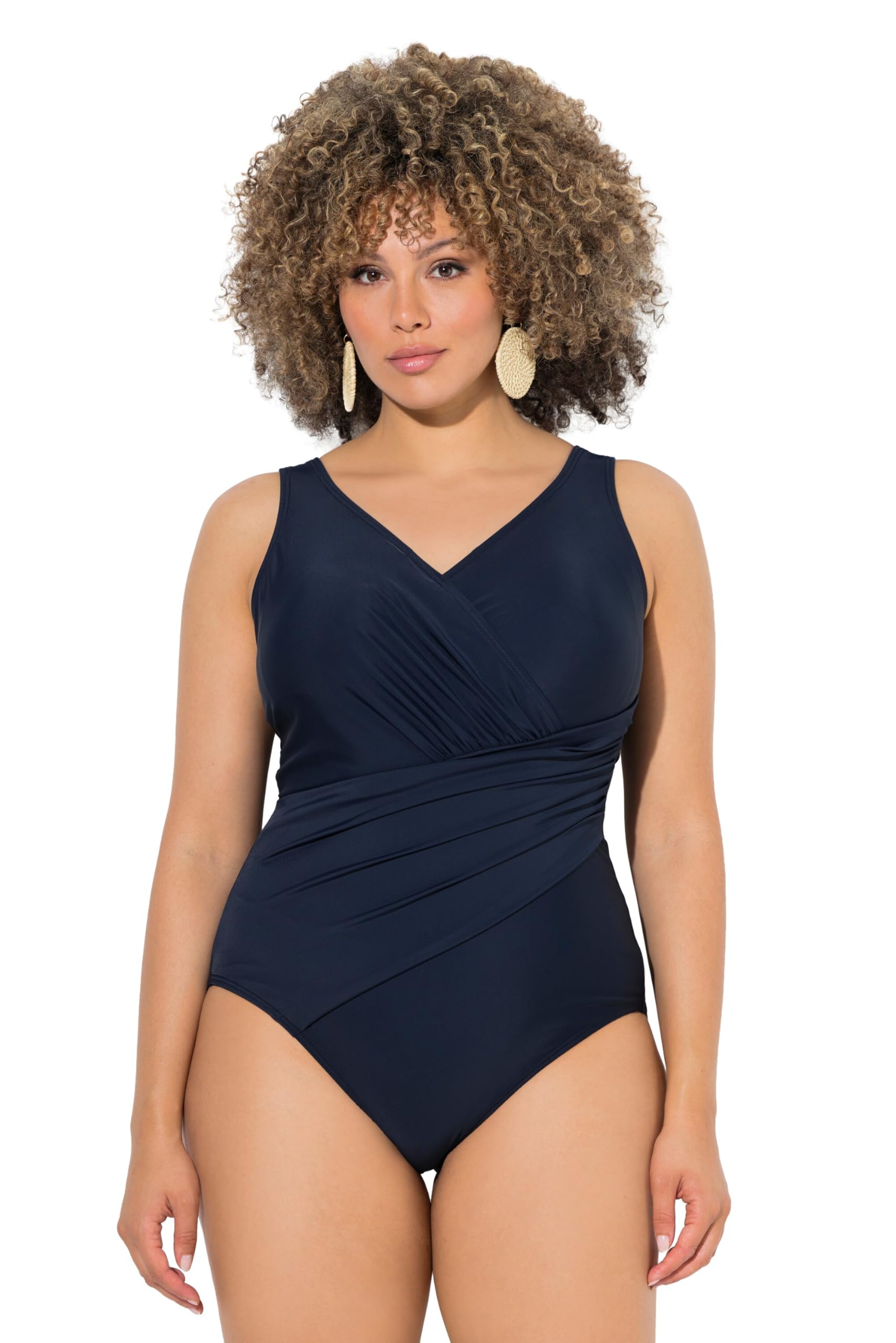 Ulla Popken Damen große Größen Übergrößen Plus Size Badeanzug, drapiert, Softcups, recycelt Marine 60 846225130-60
