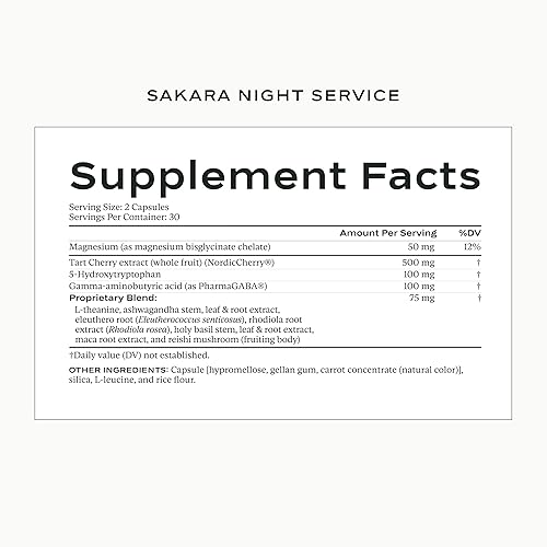 Miniatura 8 de SAKARA Cápsulas de apoyo para el sueño de servicio nocturno - Ayuda natural para dormir con glicinato de magnesio, GABA y 5-HTP para calmar