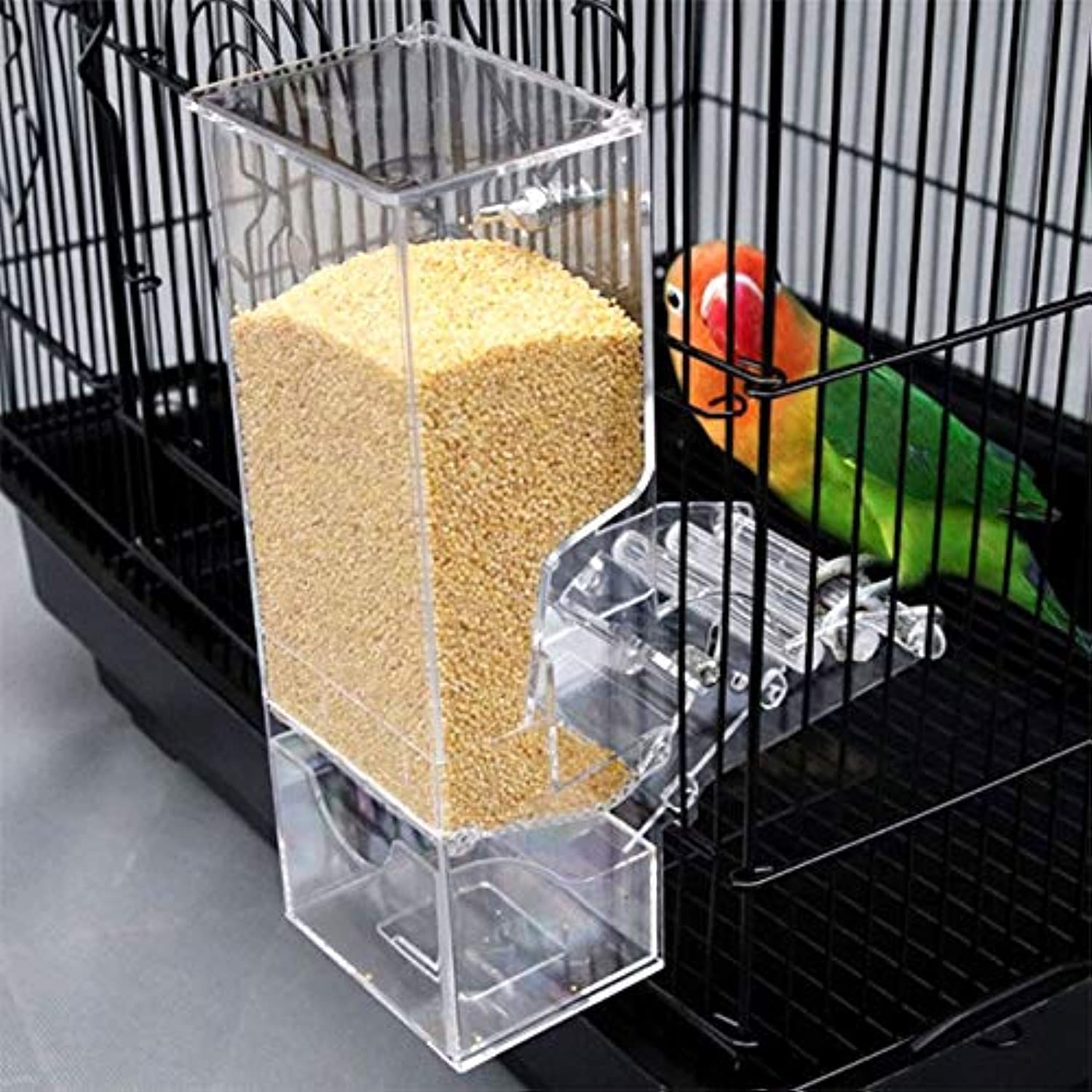 ANTOLE Pet No Mess Bird Feeder Parrot Integrated Automatic Feeder with Perch Cage Accessories for Budgerigar Canary Cockatiel Finch Parakeet Seed Food Container
