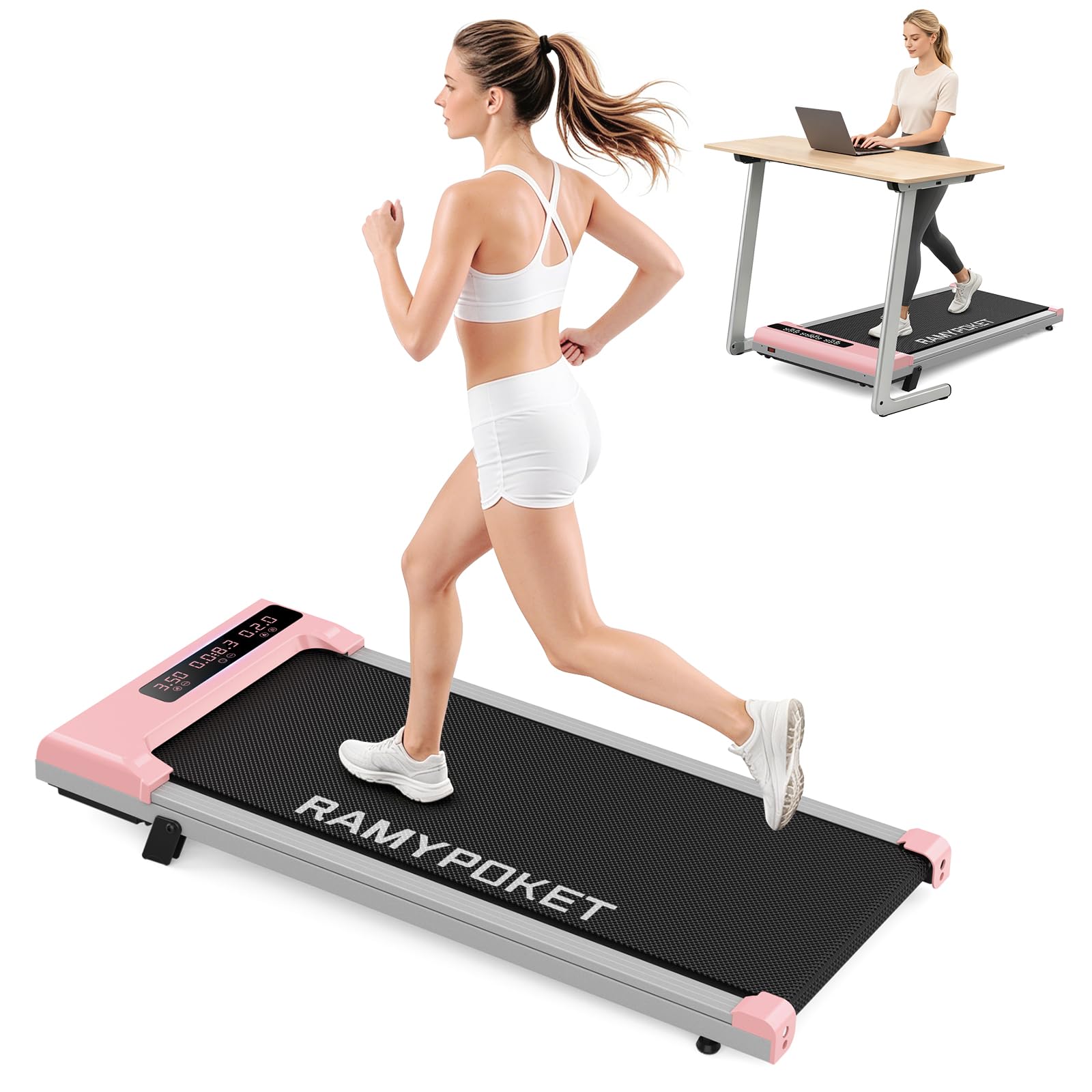 Cinta de Correr Plegable con Inclinación del 9%, Velocidad Máx 8km/h, Pantalla de Tres Ventanas, 2.5HP Walking Pad Silenciosa para Uso Doméstico y Debajo, Cinta de Andar con App Rosa